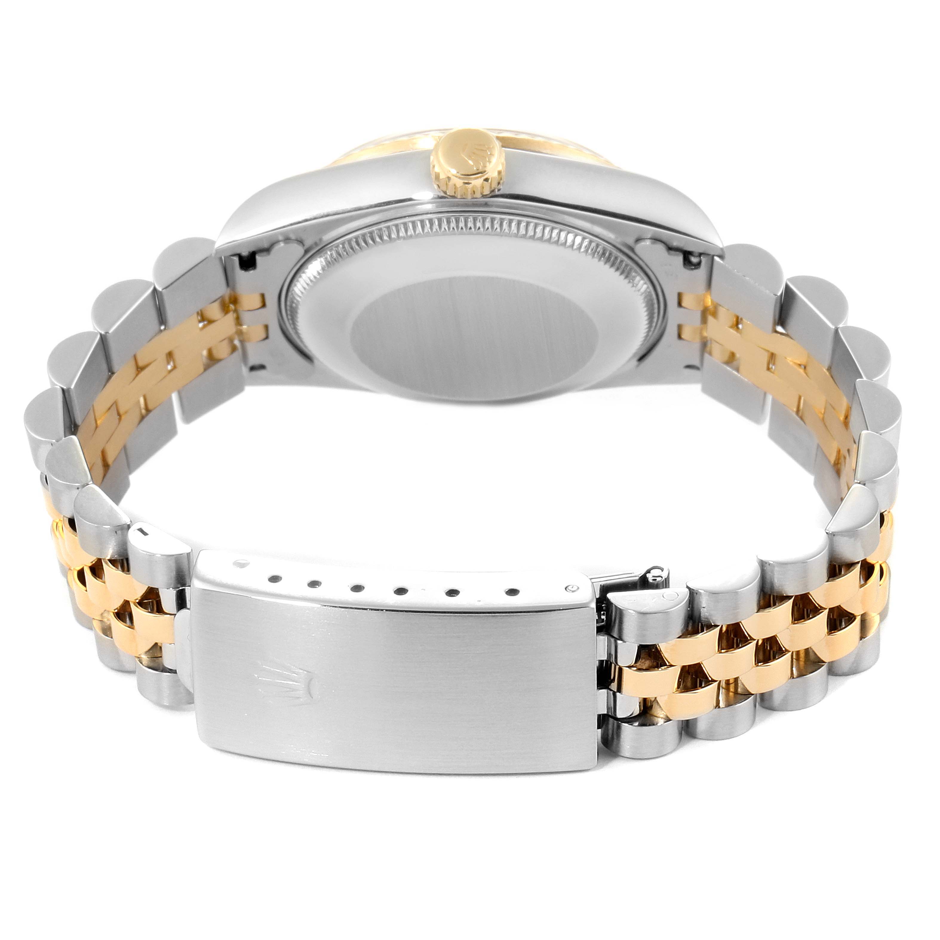 The image shows the back view of the Mid-Size Rolex watch, highlighting the bracelet and clasp.