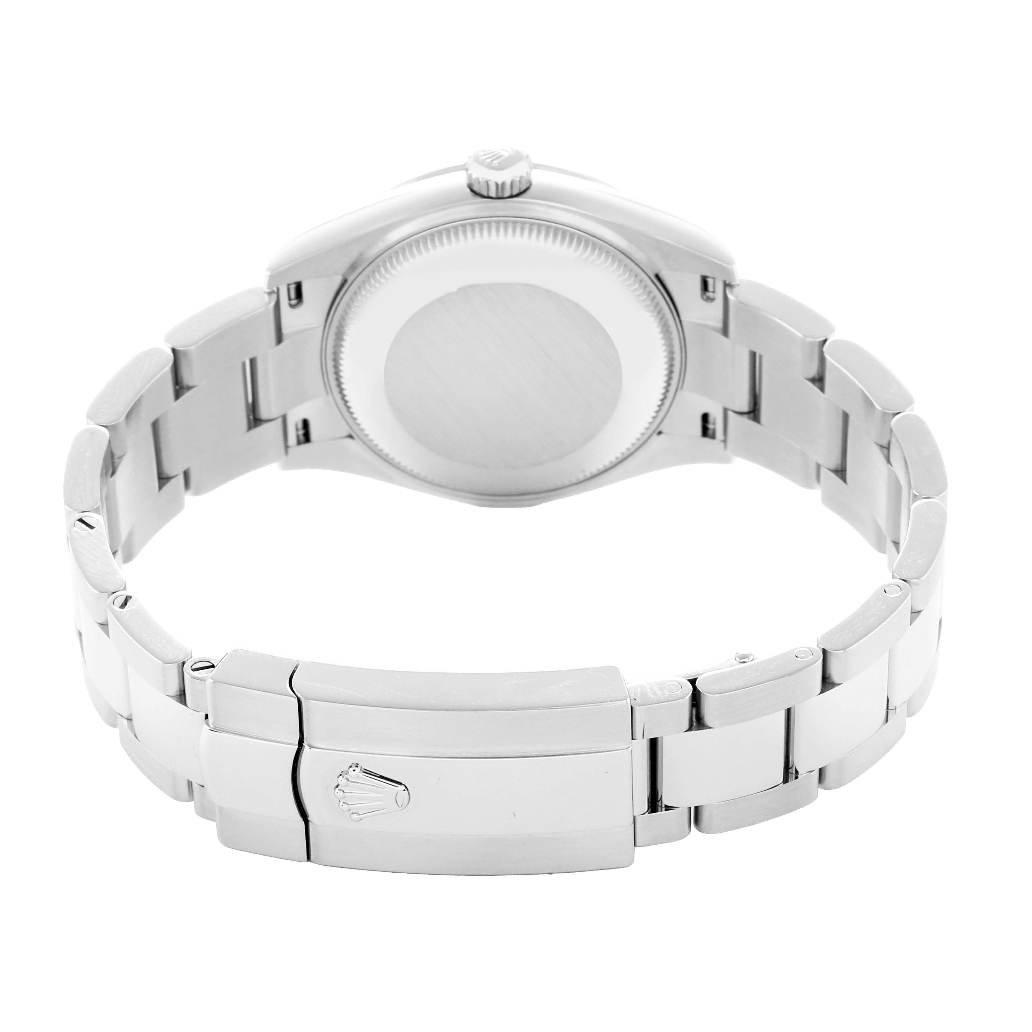 The image shows the back view of a Rolex Mid-Size 278240 Women
s Stainless Steel White Dial watch, highlighting the clasp, bracelet, and case back.