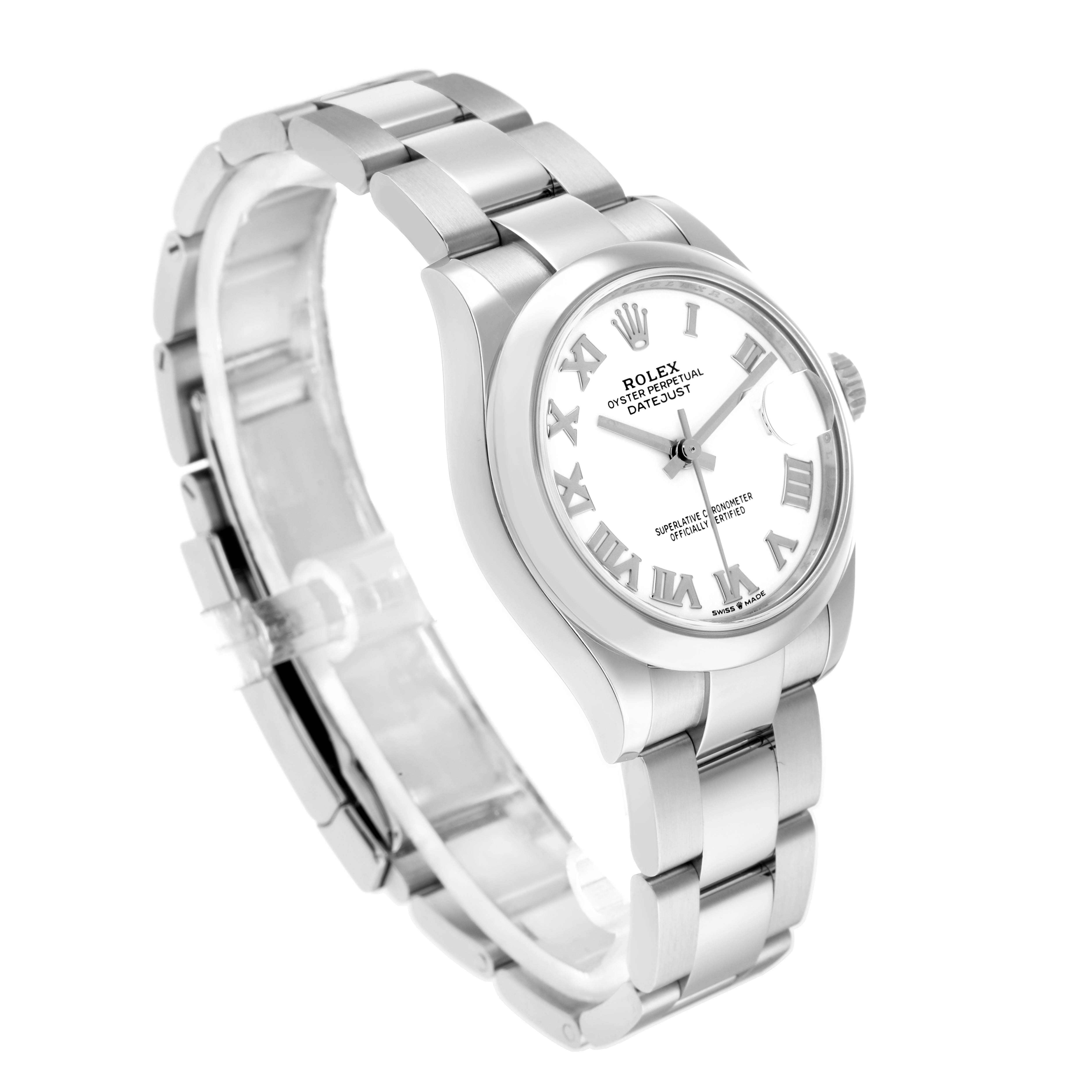 The Rolex Mid-Size 278240 Women
s Stainless Steel White Dial watch is shown from a three-quarter angle, displaying the dial, case, and bracelet.