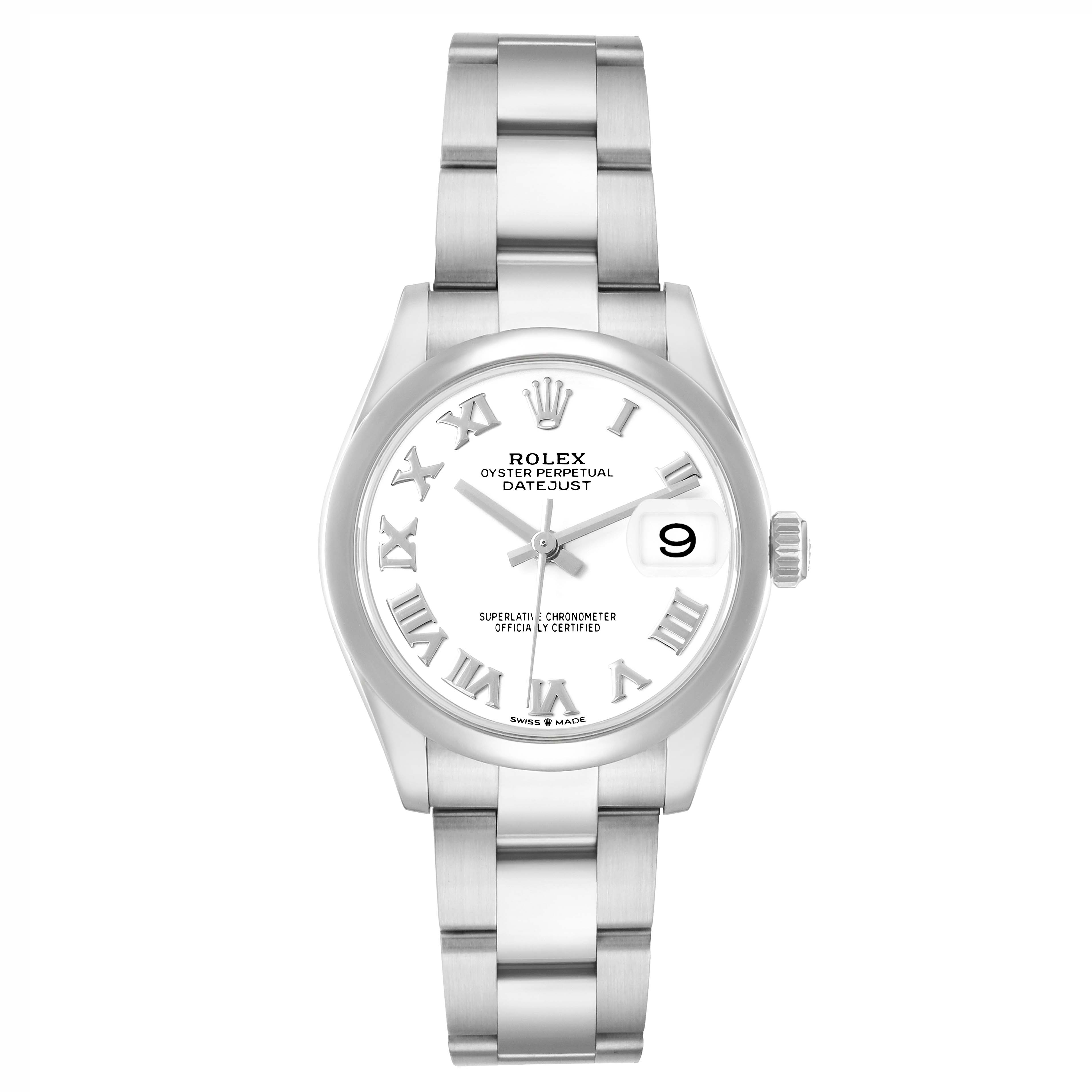 The Rolex Mid-Size 278240 Women
s Stainless Steel White Dial Datejust watch is shown from the front, displaying the dial, bracelet, bezel, and crown.