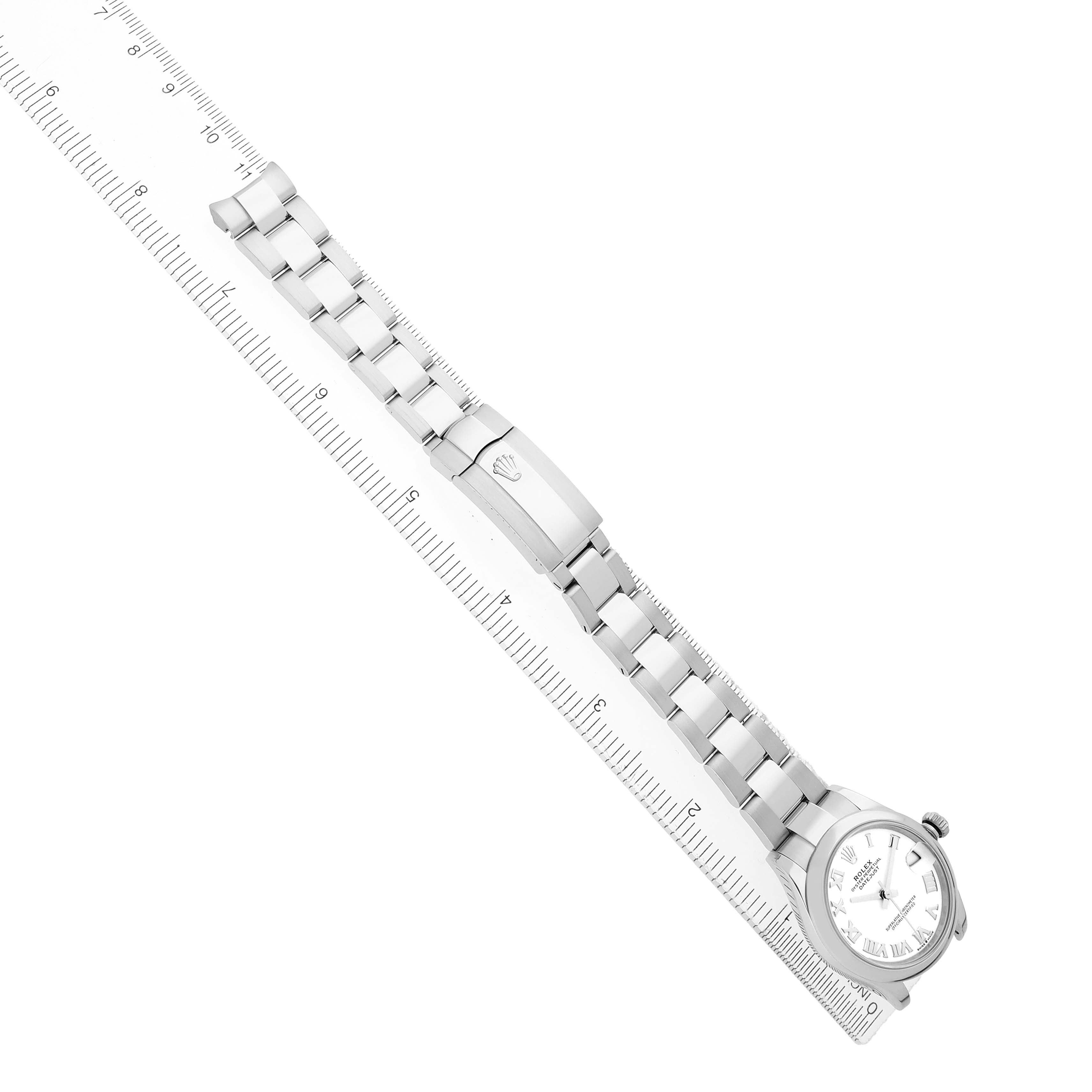 The Rolex Mid-Size 278240 Women
s Stainless Steel White Dial watch is displayed flat, showing the bracelet, clasp, and face aligned with a ruler for scale.