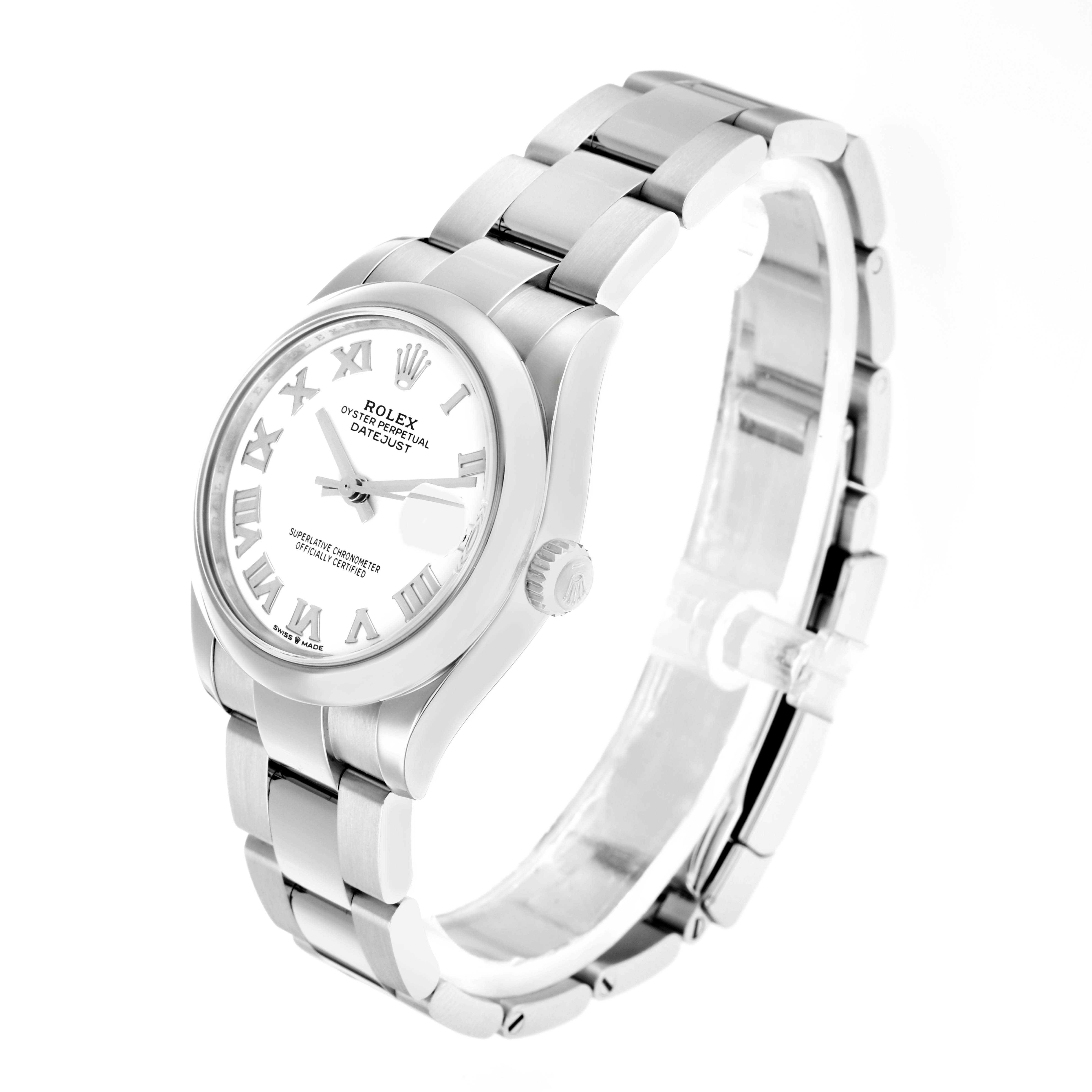 The Rolex Mid-Size 278240 Women
s Stainless Steel White Dial model is shown at a slight side angle, displaying the face, bezel, and bracelet clearly.