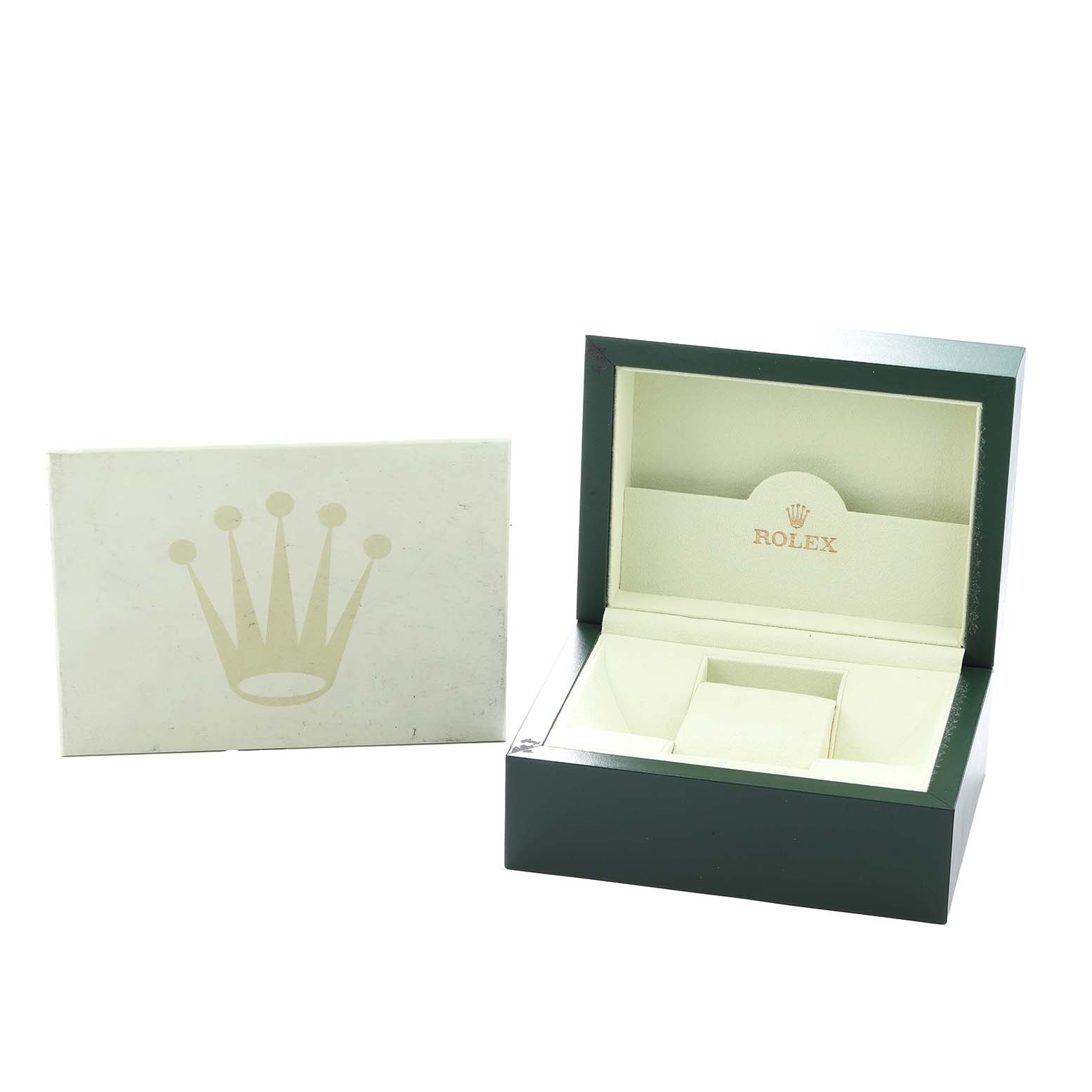 The image shows a Rolex watch box and outer box at an angle, showcasing the packaging for a Mid-Size model.