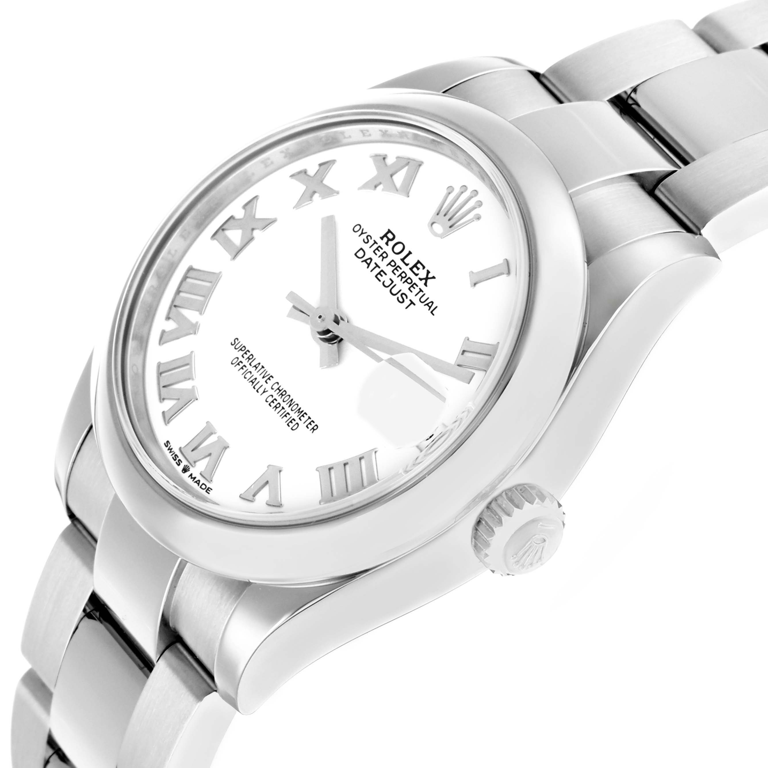 The image shows the Rolex Datejust Mid-Size watch at an angle highlighting the dial, bezel, bracelet, and crown.