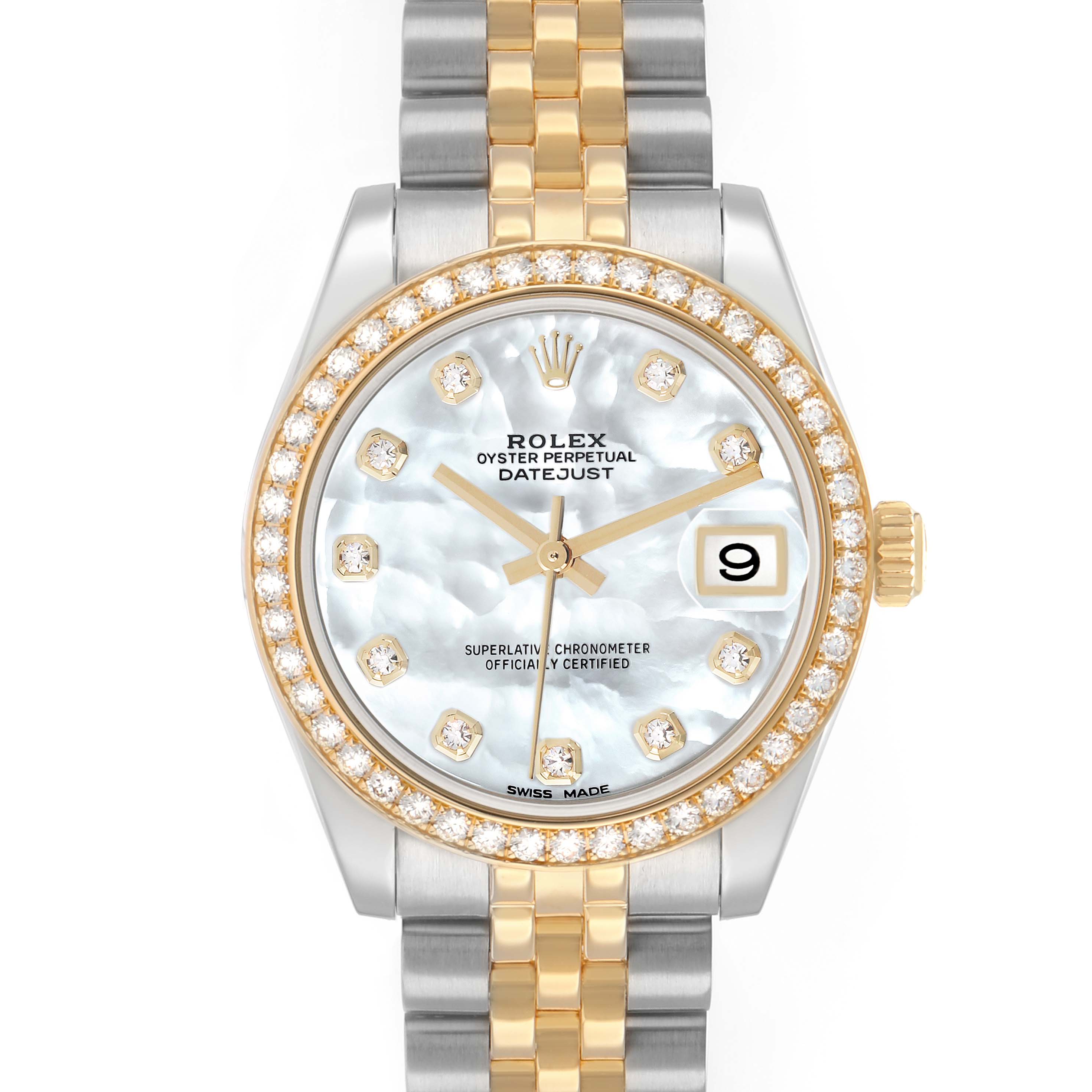 The Rolex Mid-Size 178383 Women
s Steel and Gold (two tone) Mother of Pearl Dial watch is shown from a front angle, displaying the dial, bezel, and bracelet.