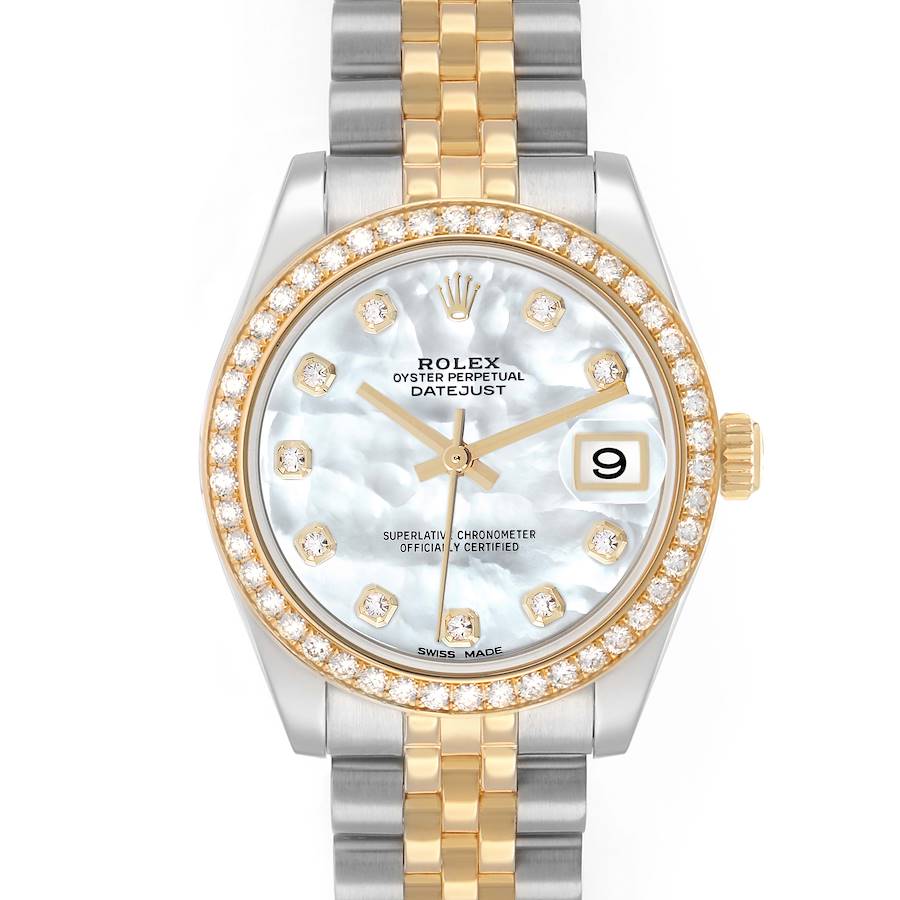The Rolex Mid-Size 178383 Women's Steel and Gold (two tone) Mother of Pearl Dial watch is shown from a front angle, displaying the dial, bezel, and bracelet.