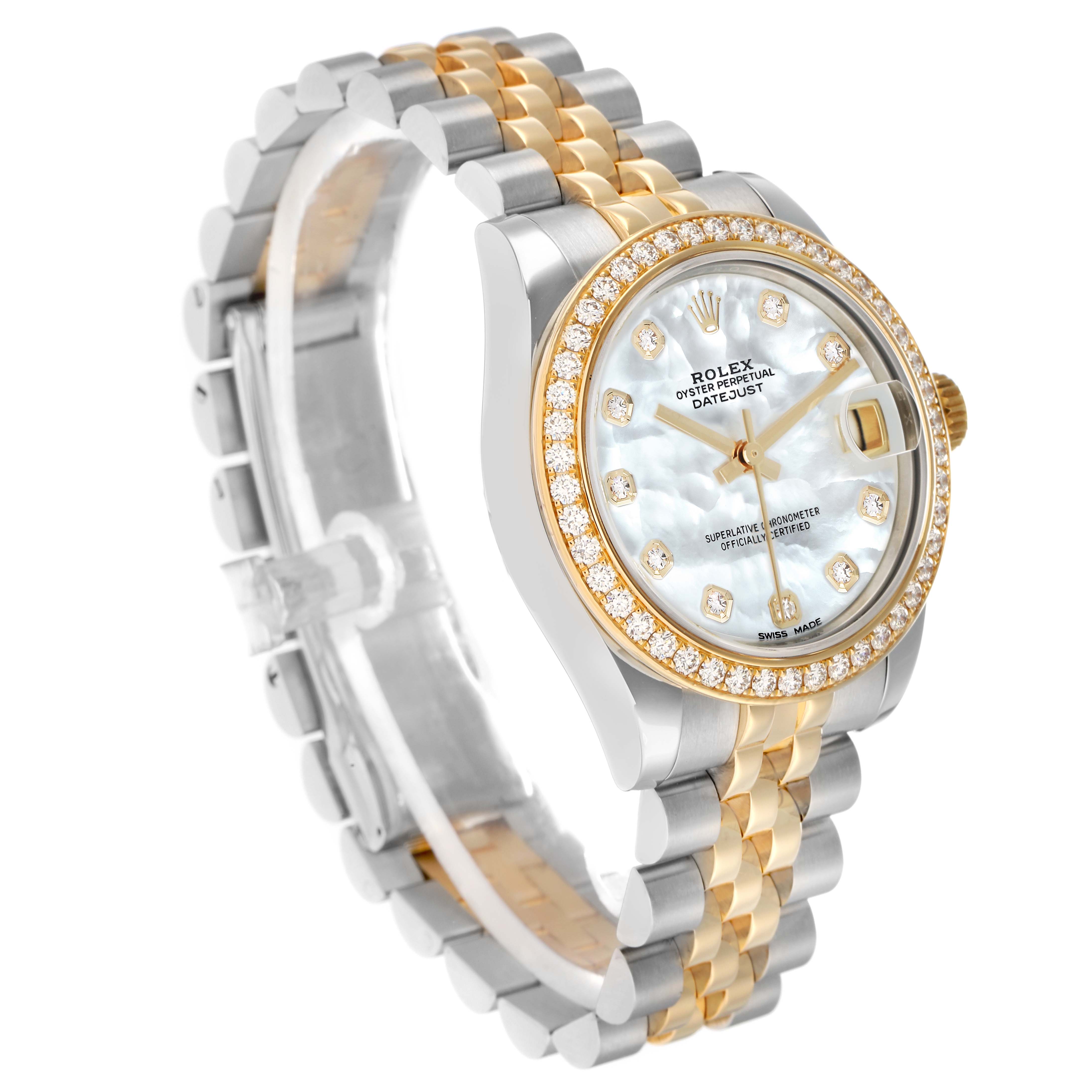 This Rolex Mid-Size 178383 Women
s Steel and Gold (two tone) Mother of Pearl Dial Datejust is shown at a three-quarter angle, highlighting the face, bezel, and bracelet.