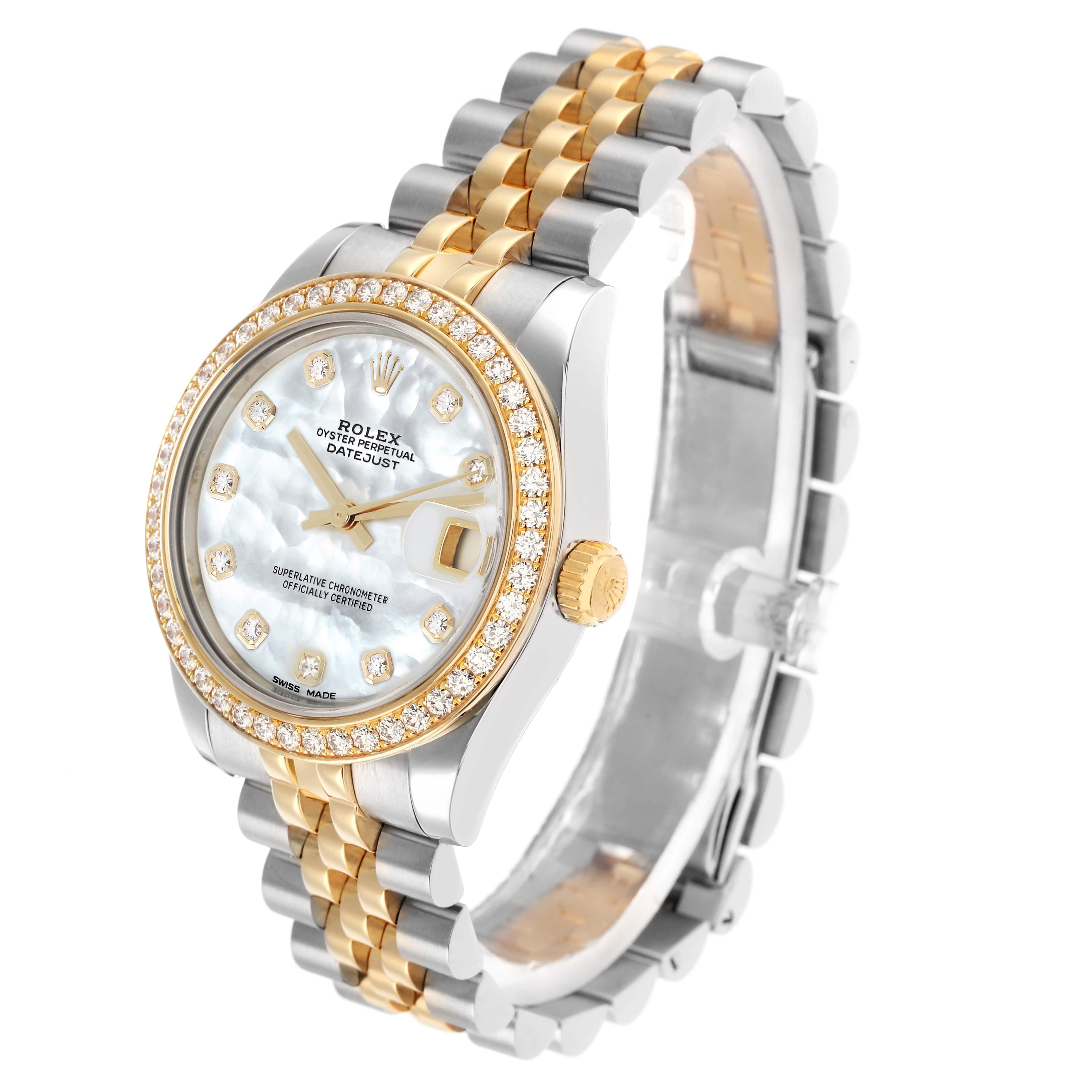 The Rolex Mid-Size 178383 Women
s Steel and Gold (two tone) Mother of Pearl Dial Datejust is shown at a three-quarter angle, displaying the dial, bezel, and bracelet.