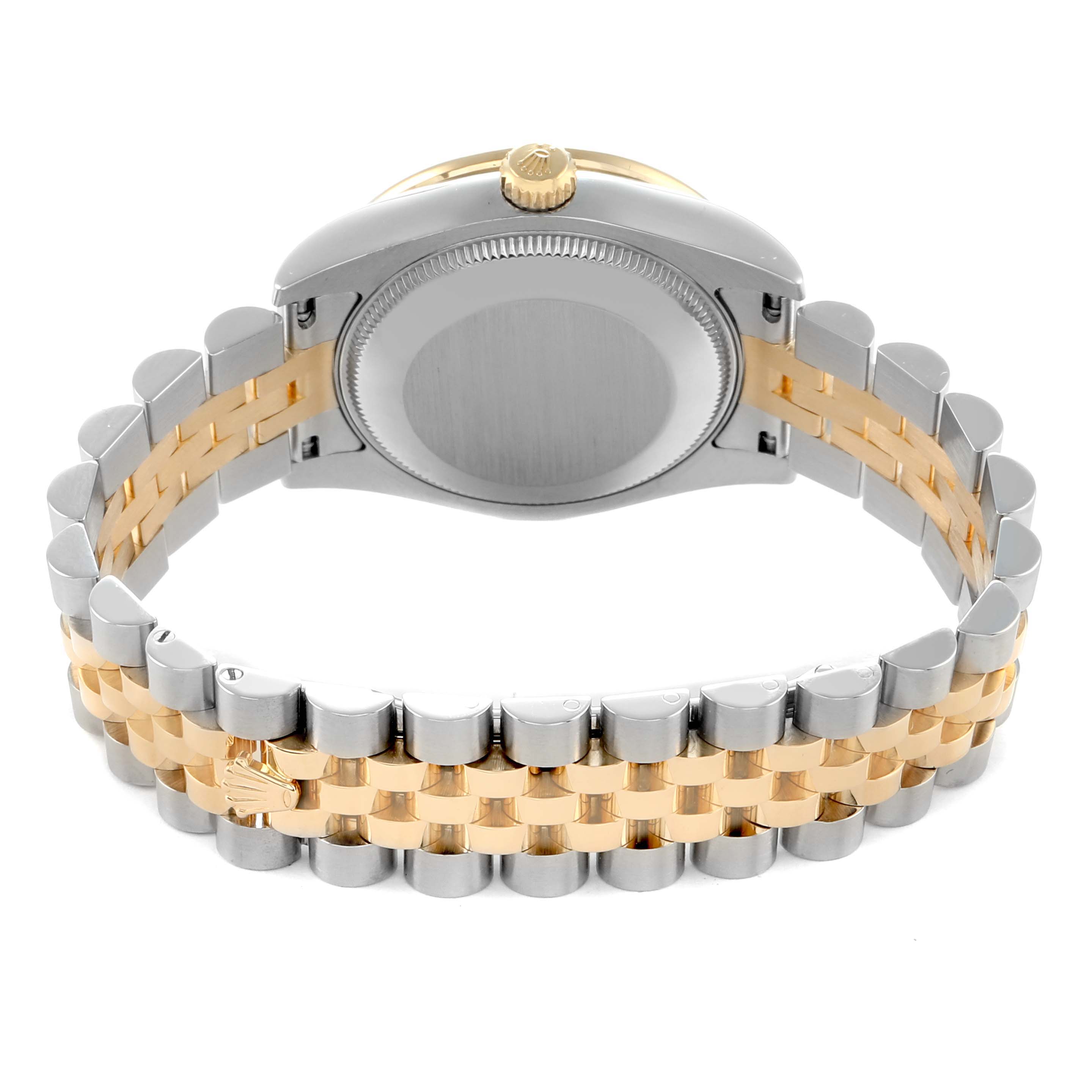 The image shows the back view of a Rolex Mid-Size 178383 Women
s Steel and Gold (two tone) Mother of Pearl Dial watch, highlighting the case back, crown, and two-tone bracelet.