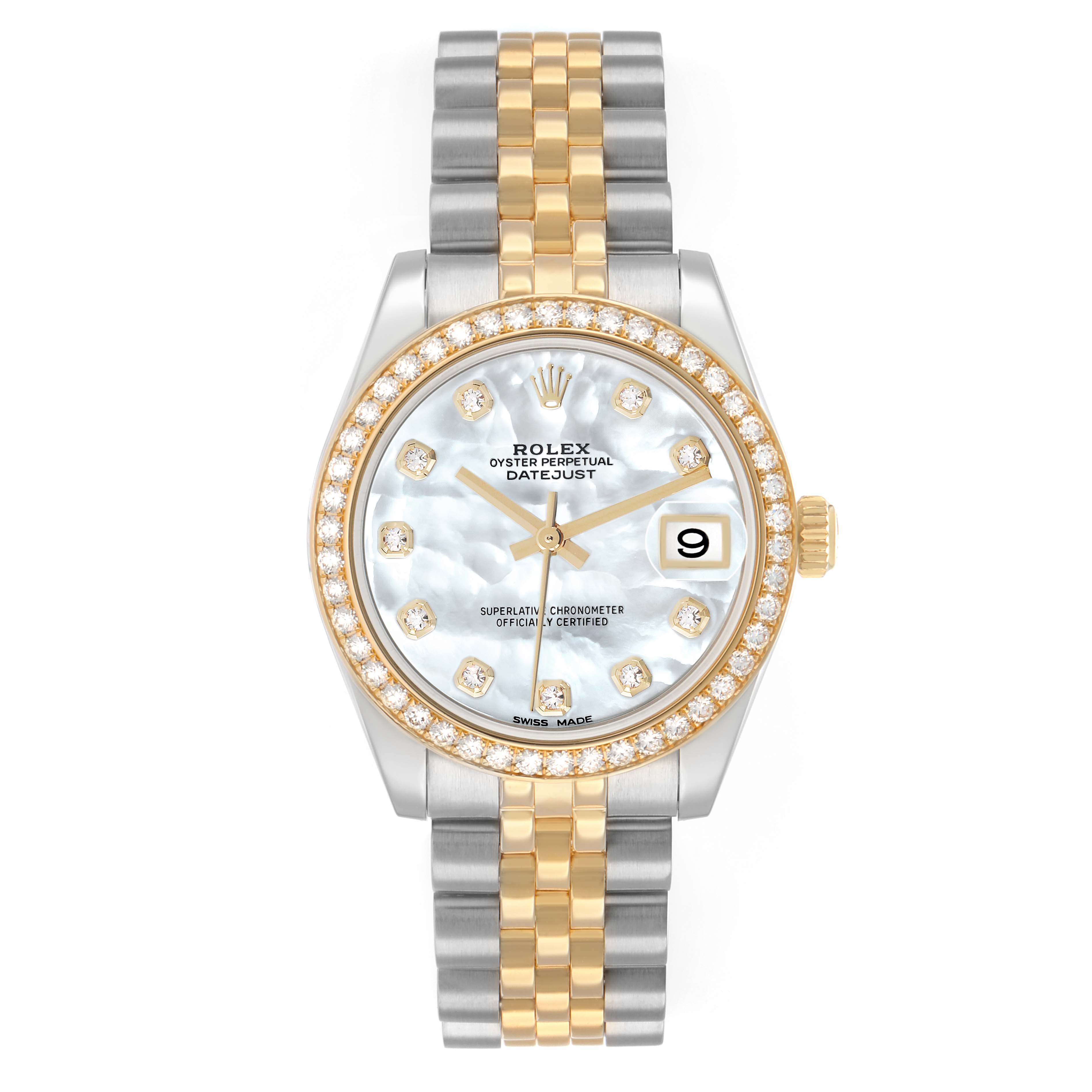 The Rolex Mid-Size 178383 Women
s Steel and Gold (two tone) Mother of Pearl Dial Datejust is shown from a top-down angle, displaying the watch face, bezel, and bracelet clearly.