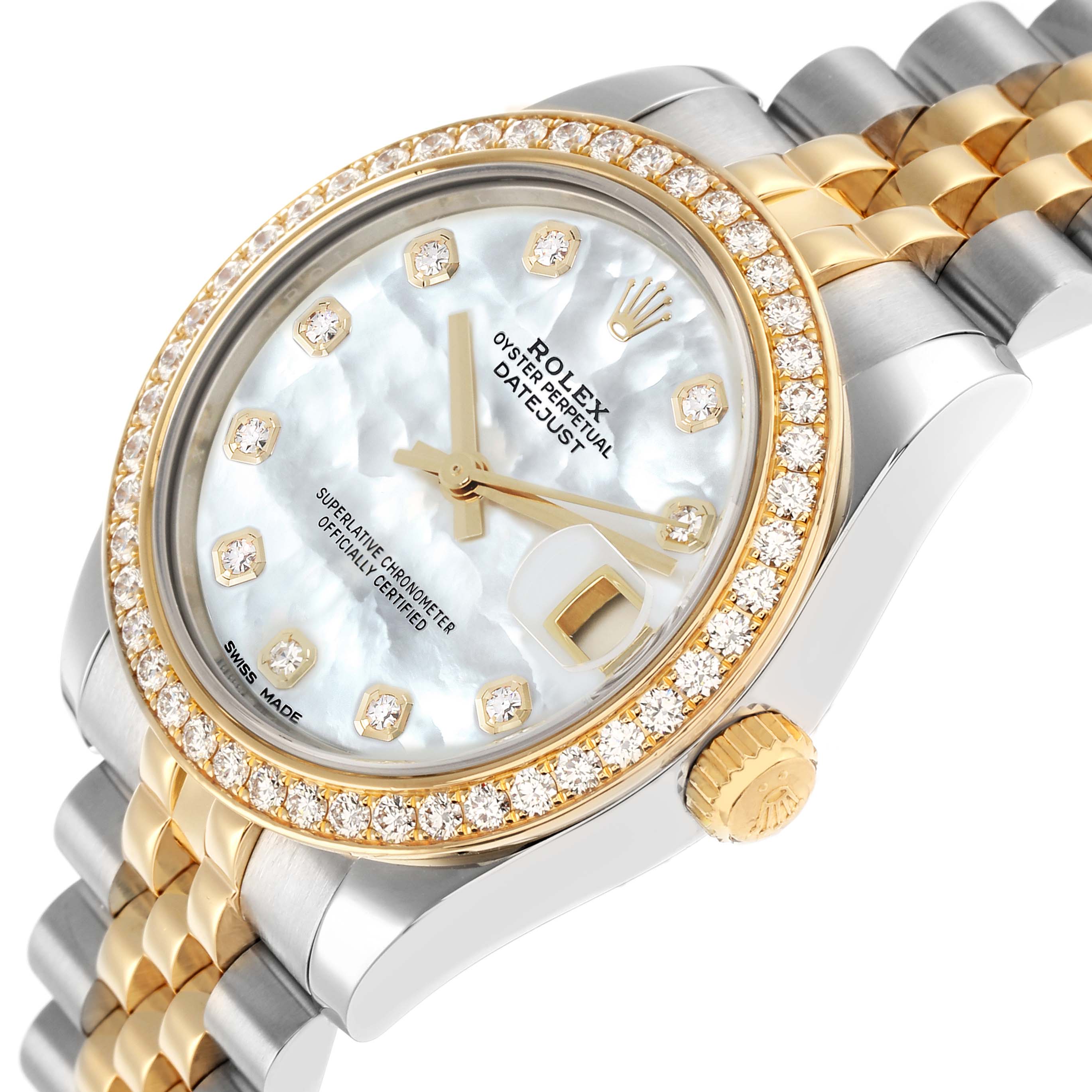 The Rolex Datejust Mid-Size watch is shown at an angle highlighting the dial, diamond-encrusted bezel, crown, and part of the bracelet.