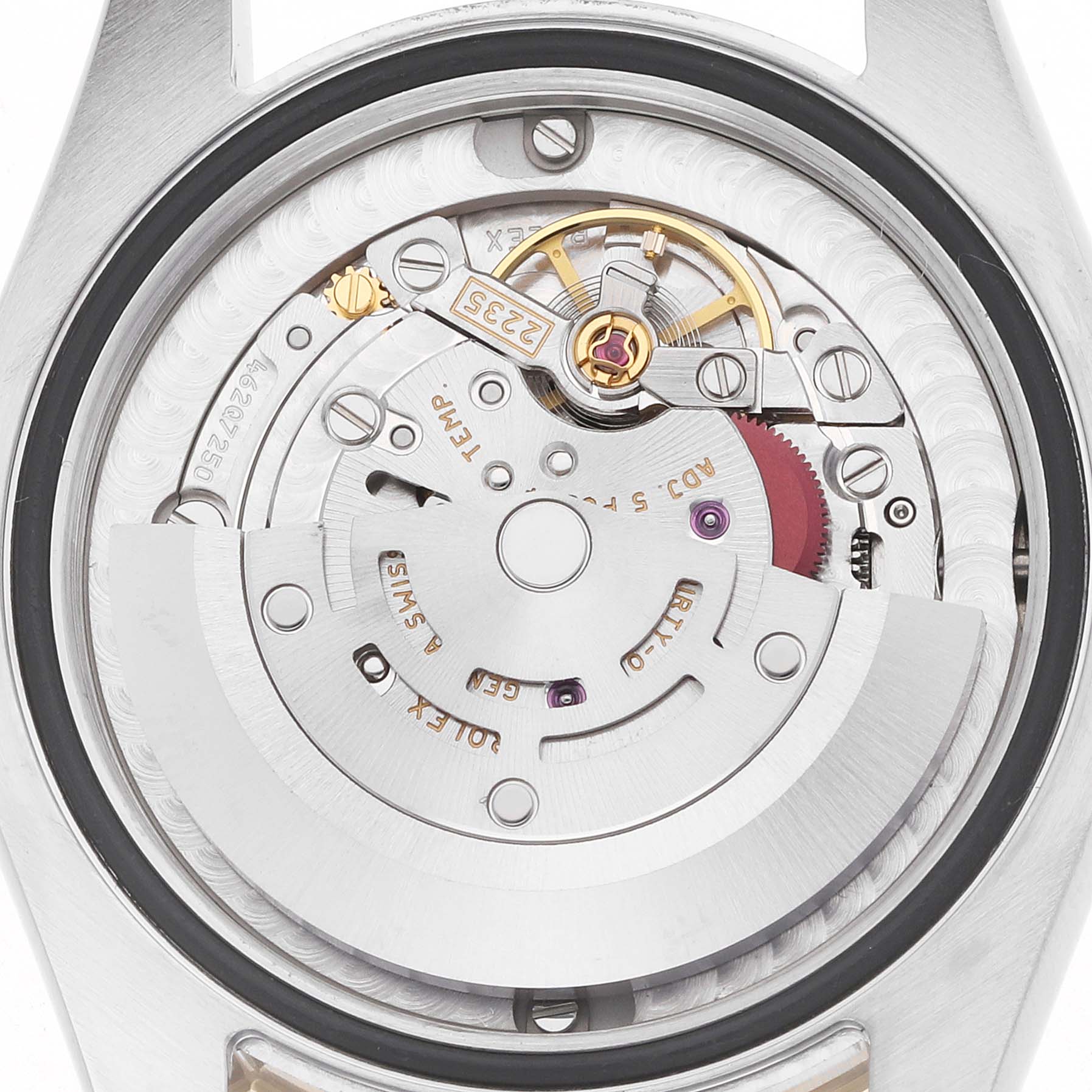 The image shows the movement mechanism of a Mid-Size Rolex watch from a direct overhead angle.