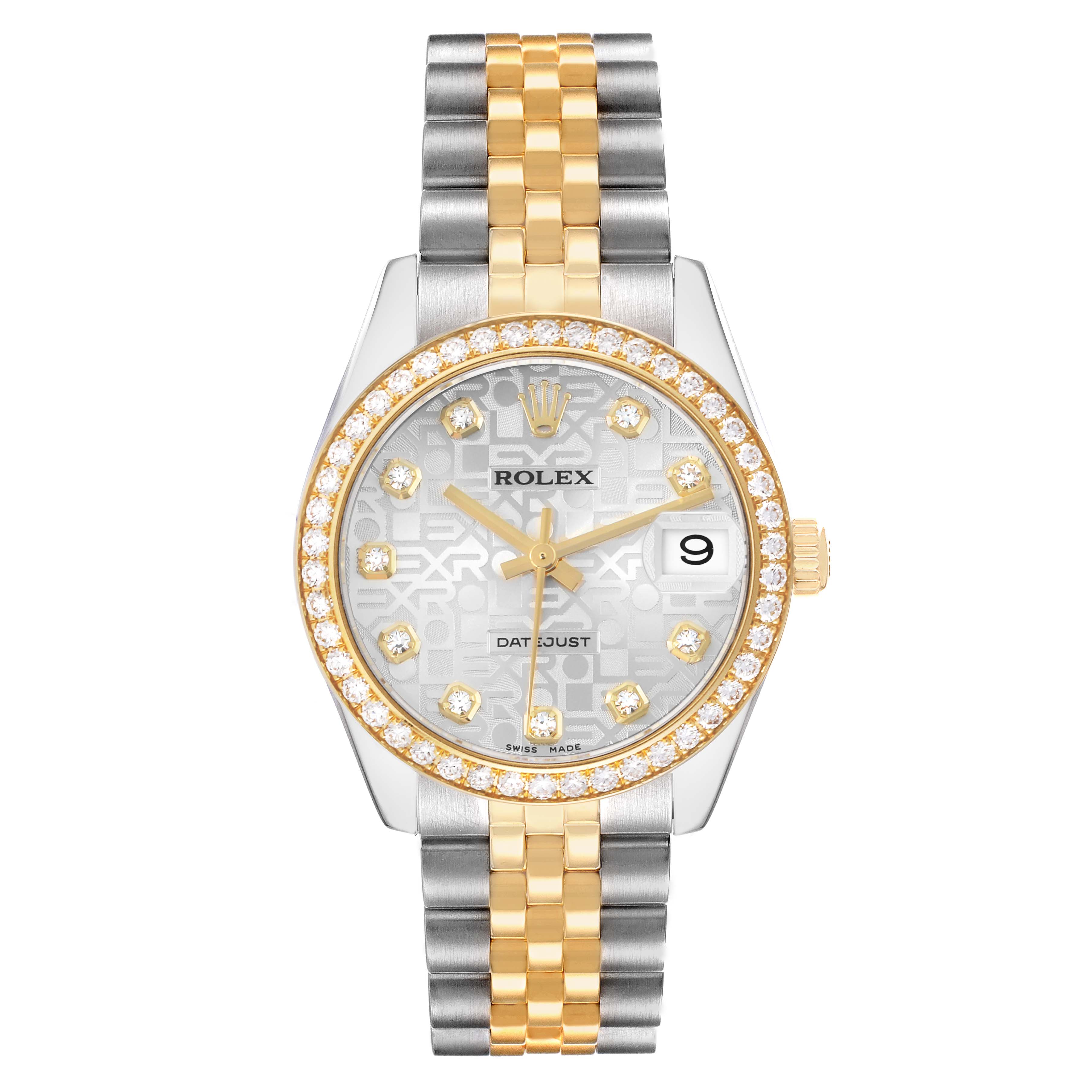 The Rolex Datejust Mid-Size watch is shown from the front, displaying the dial, bezel, and two-tone bracelet.