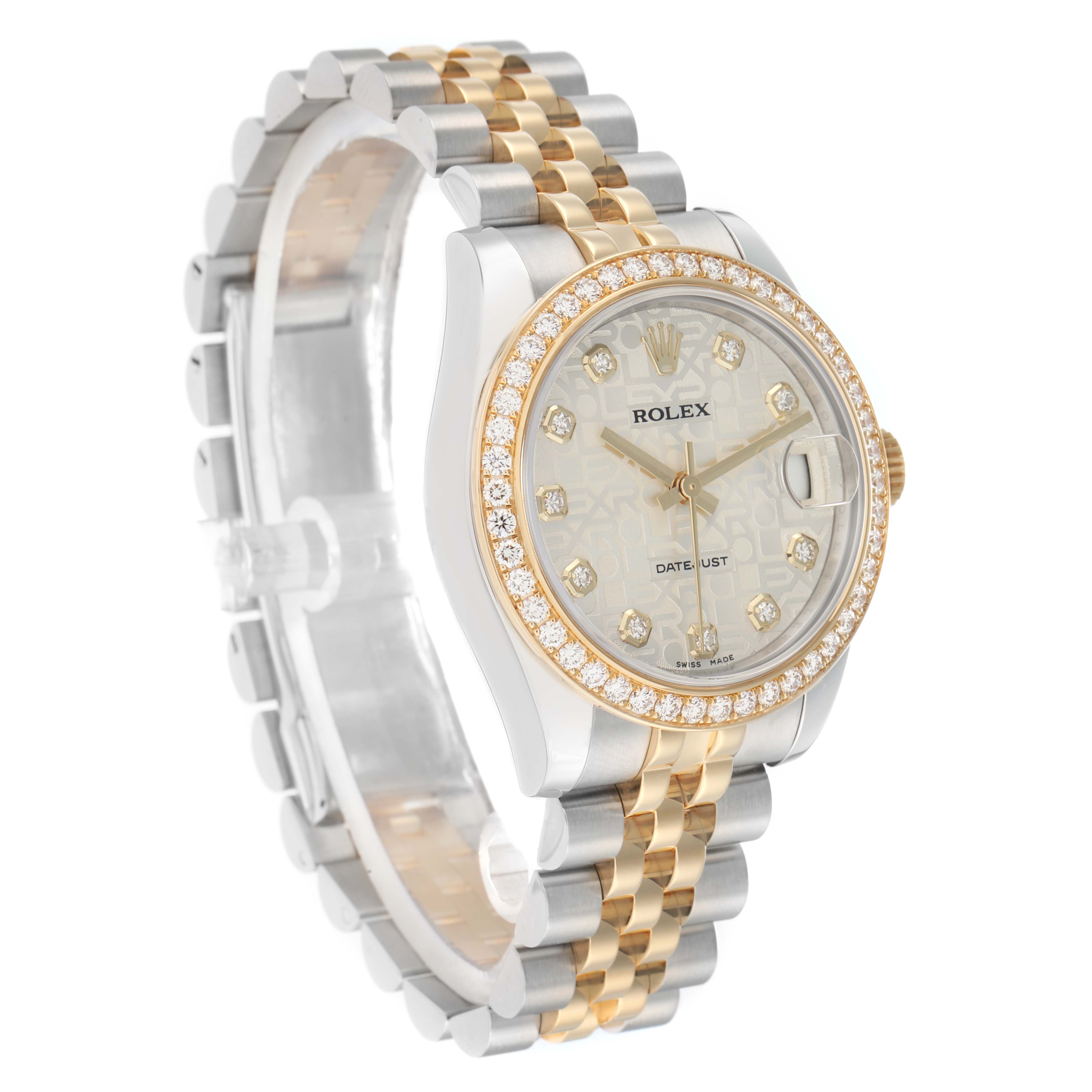 The Rolex Mid-Size 178383 Women
s Steel and Gold (two tone) Silver Dial model watch is shown at a three-quarter angle, highlighting the bezel, dial, and two-tone bracelet.