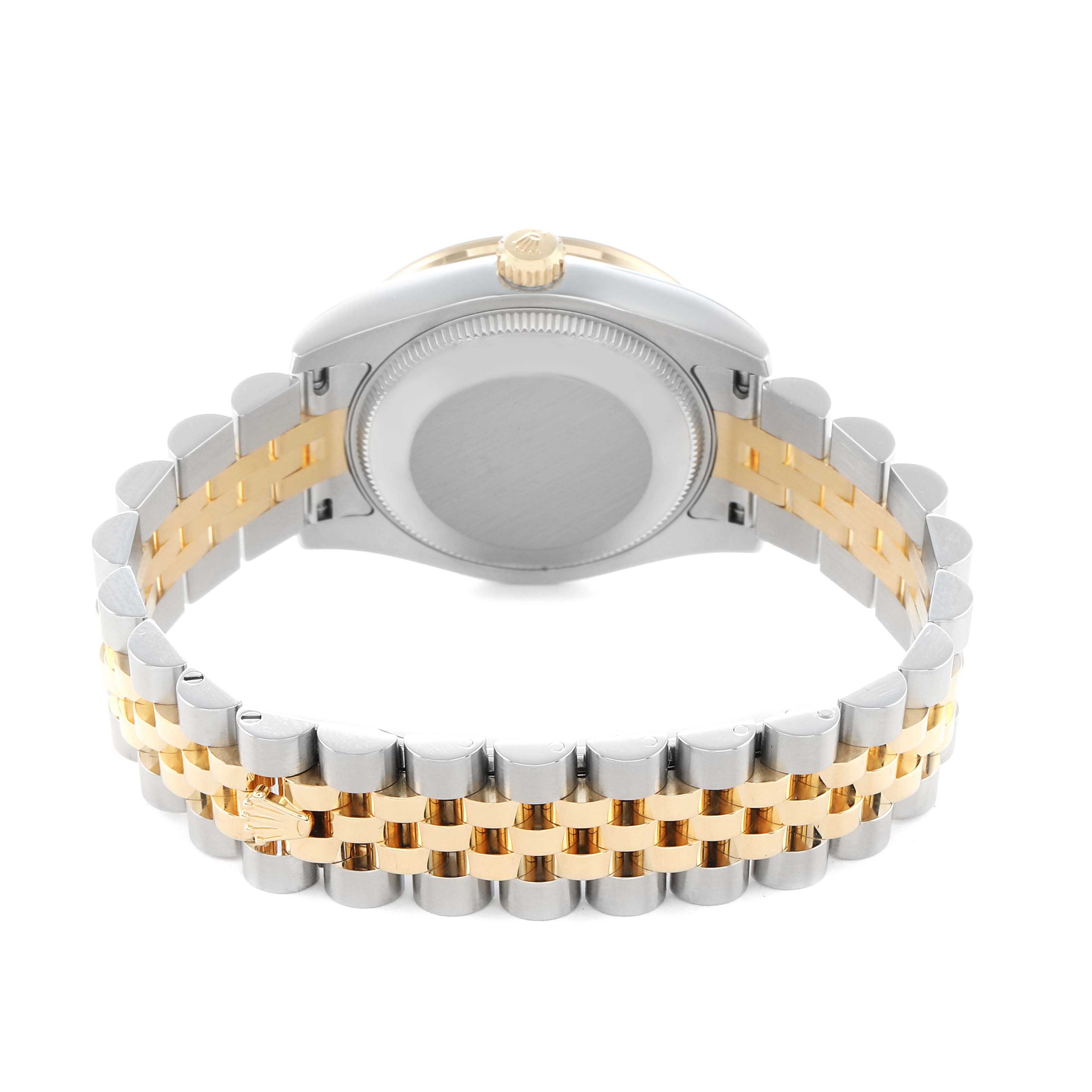 The image shows the back of a Rolex Mid-Size 178383 Women
s Steel and Gold (two tone) Silver Dial model, highlighting the gold and silver bracelet and caseback.