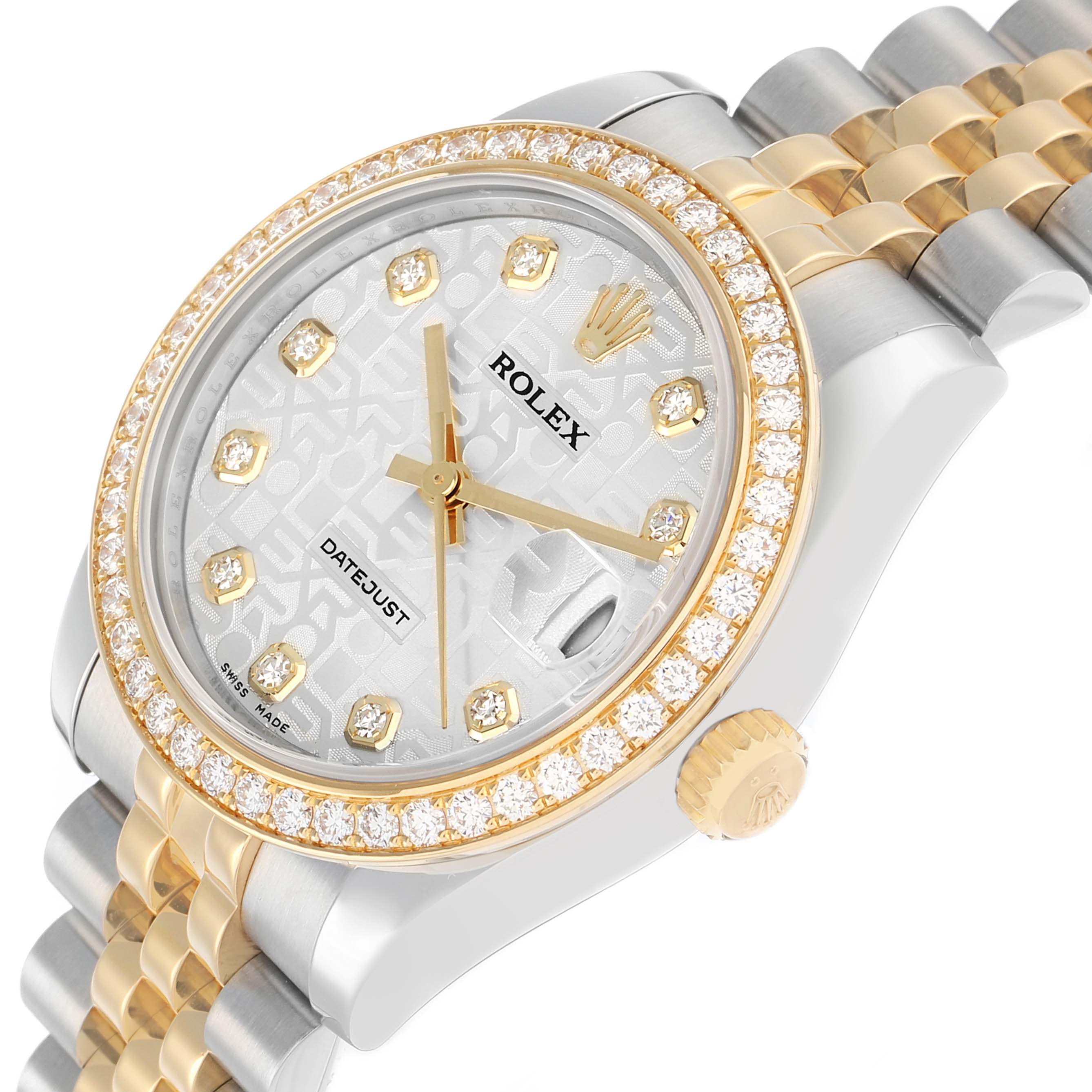The Rolex Mid-Size 178383 Women
s Steel and Gold (two tone) Silver Dial Datejust watch is shown at a slight angle emphasizing the diamond bezel, face, and crown.