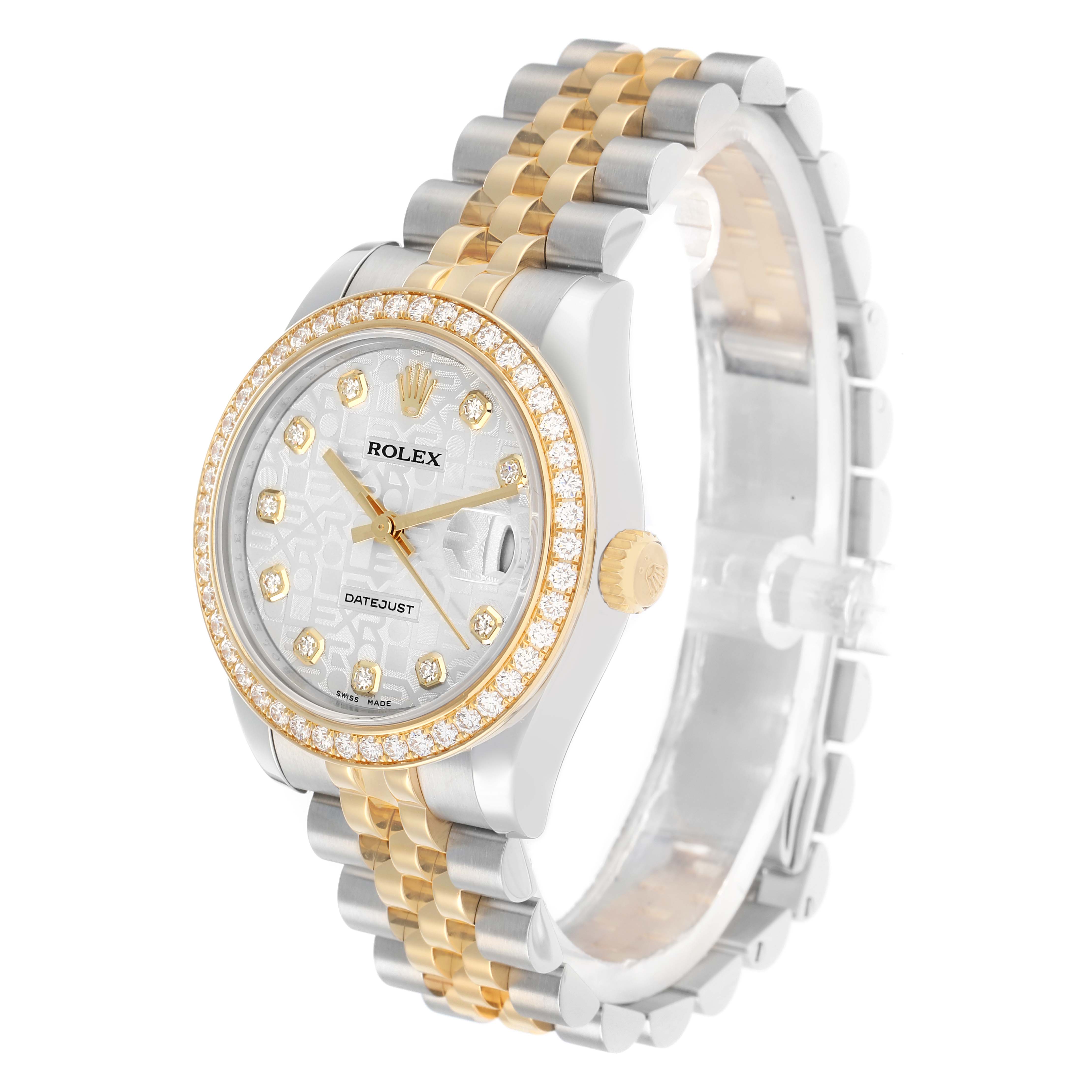 The Rolex Mid-Size 178383 Women
s Steel and Gold (two tone) Silver Dial watch is shown at a three-quarter angle, highlighting the dial, bezel, crown, and bracelet.