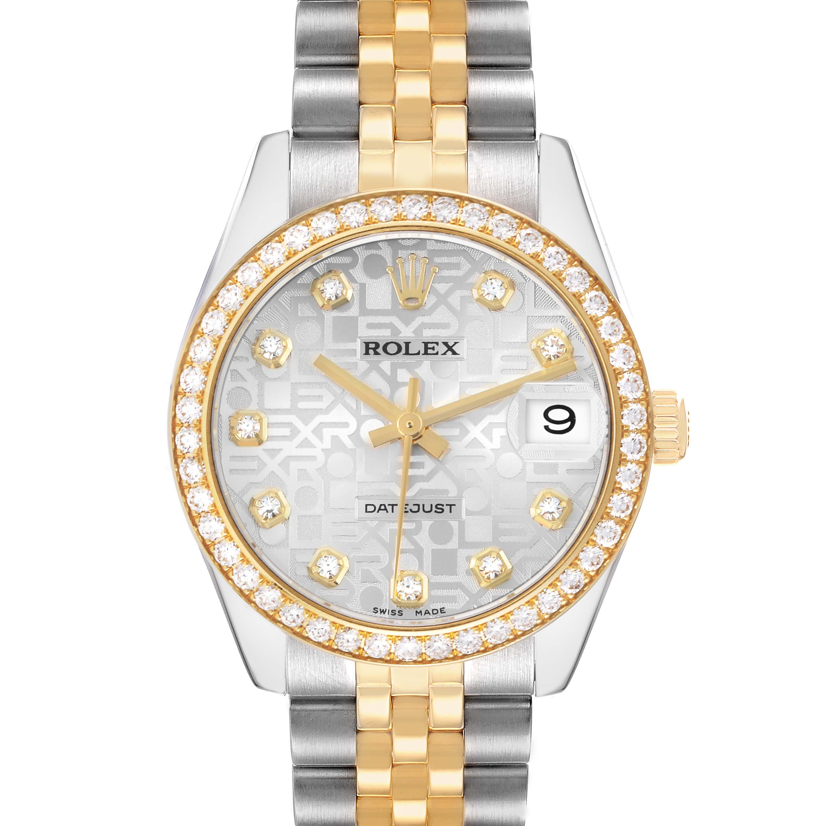 The Rolex Mid-Size 178383 Women
s Steel and Gold (two tone) Silver Dial watch is shown from a front angle, displaying the dial, bezel, and a two-tone bracelet.