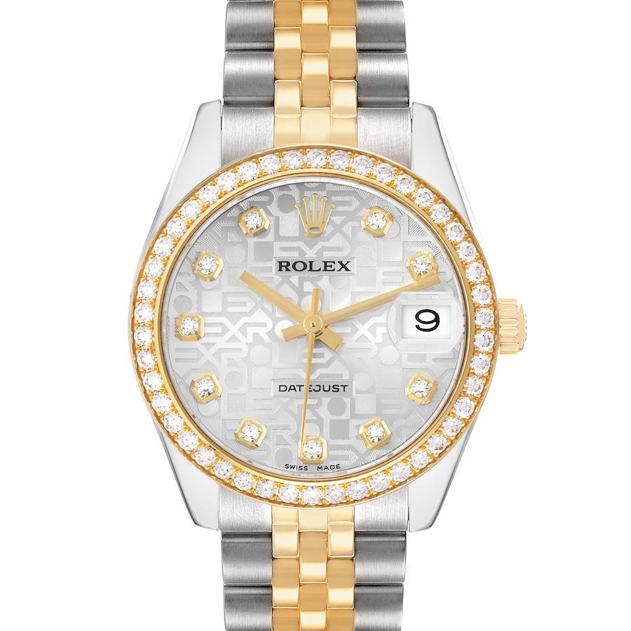 The Rolex Mid-Size 178383 Women's Steel and Gold (two tone) Silver Dial watch is shown from a front angle, displaying the dial, bezel, and a two-tone bracelet.