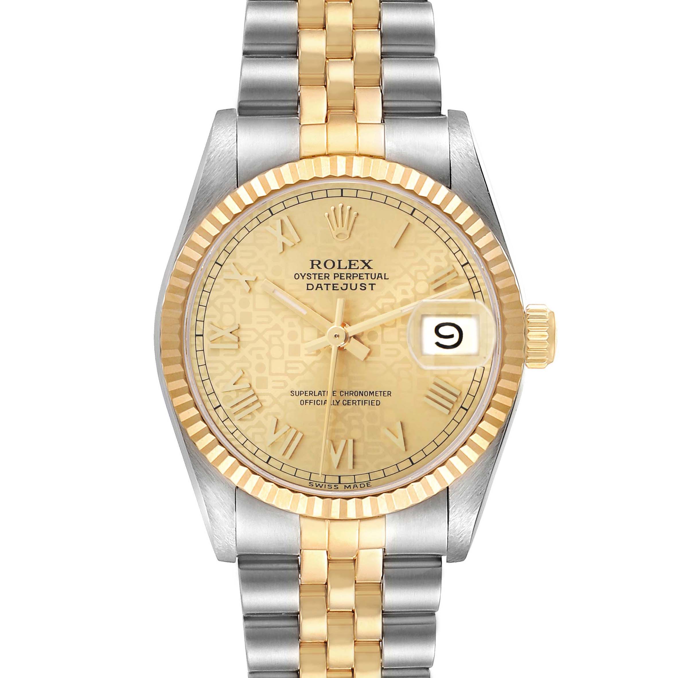 The image shows a frontal view of the Rolex Datejust 68273 Women
s Steel and Gold (two tone) Champagne Dial, highlighting the dial, bezel, and bracelet.