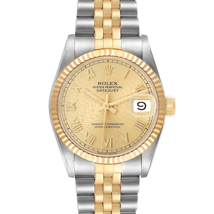 The image shows a frontal view of the Rolex Datejust 68273 Women's Steel and Gold (two tone) Champagne Dial, highlighting the dial, bezel, and bracelet.