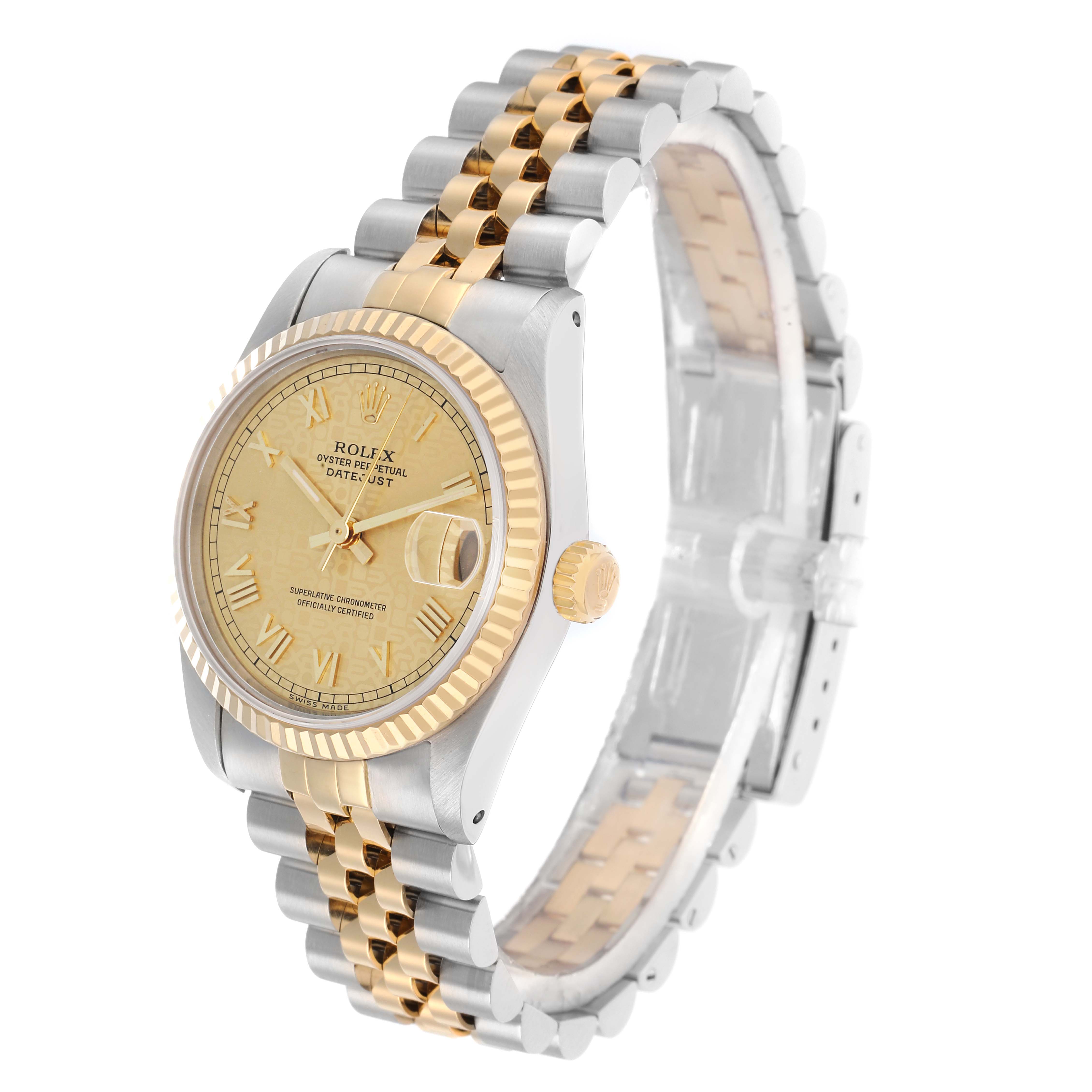 The Rolex Datejust 68273 Women
s Steel and Gold (two tone) Champagne Dial watch is shown at a three-quarter angle, highlighting the face, bezel, crown, and bracelet.