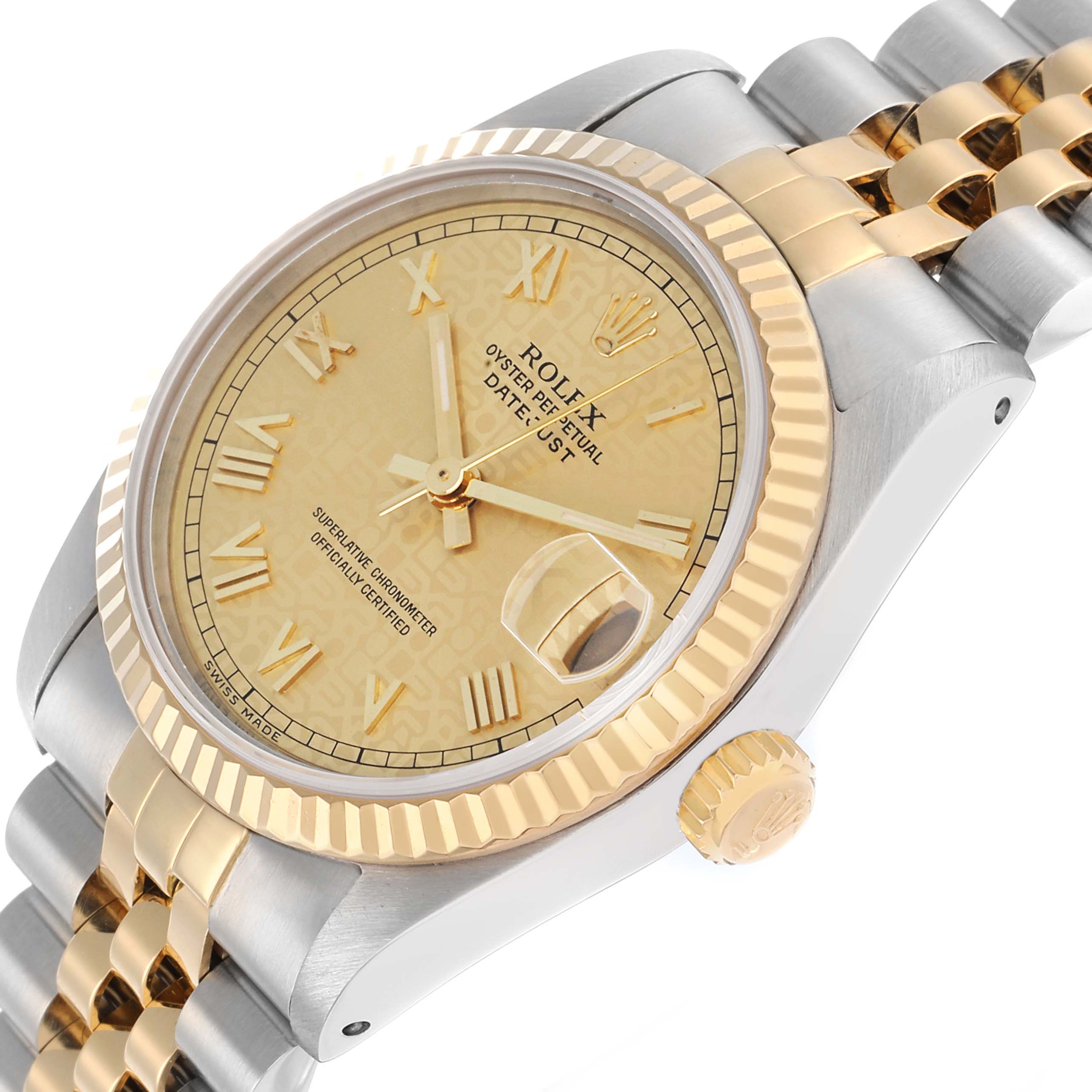 The Rolex Datejust 68273 Women
s Steel and Gold (two tone) Champagne Dial watch is shown at a slight angle, displaying the face, fluted bezel, crown, and part of the two-tone bracelet.