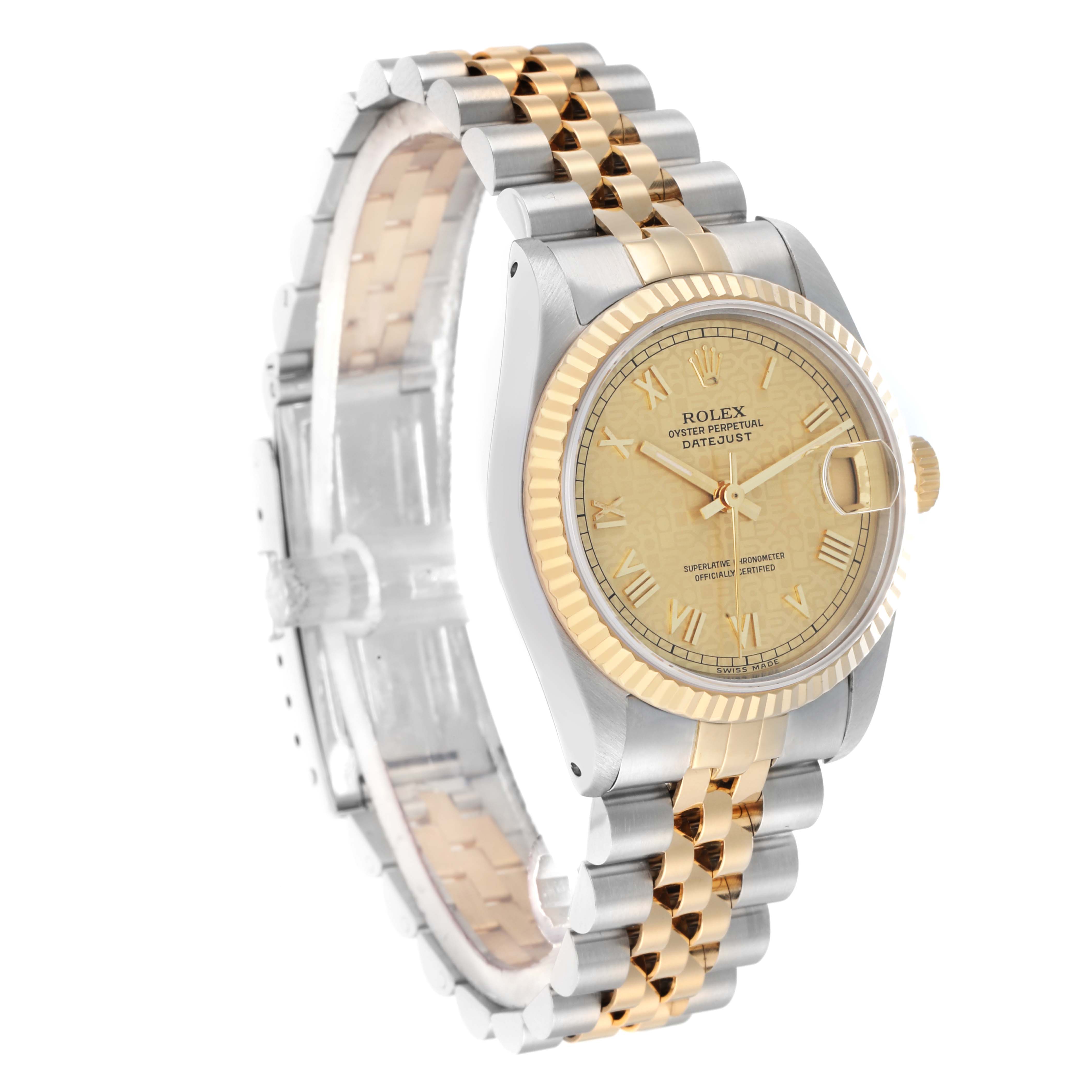 The Rolex Datejust 68273 Women
s Steel and Gold (two tone) Champagne Dial watch is shown at an angled side view, highlighting its fluted bezel, two-tone bracelet, and dial with Roman numerals.