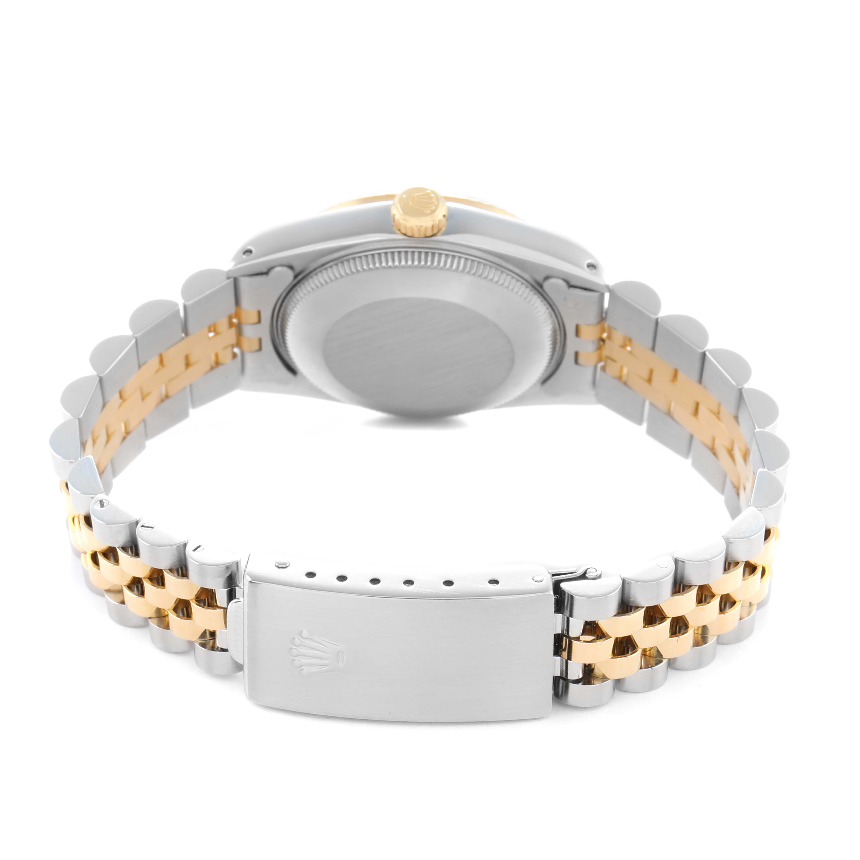 The Rolex Datejust 68273 Women
s Steel and Gold (two tone) Champagne Dial watch is shown from the back, displaying the clasp, case back, and two-tone bracelet.