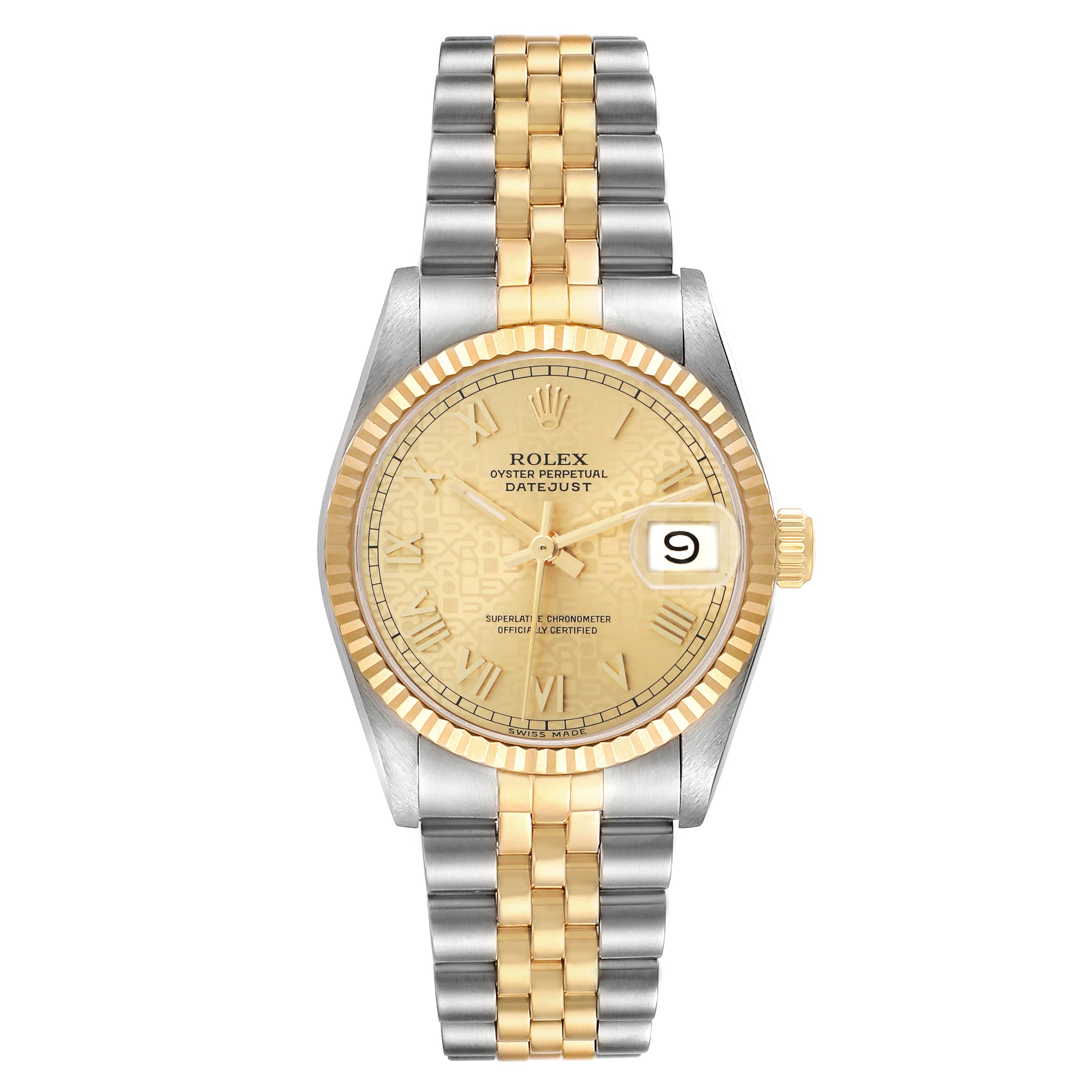 The Rolex Datejust 68273 Women
s Steel and Gold (two tone) Champagne Dial watch is shown from a front view, highlighting the dial, fluted bezel, and bicolor bracelet.