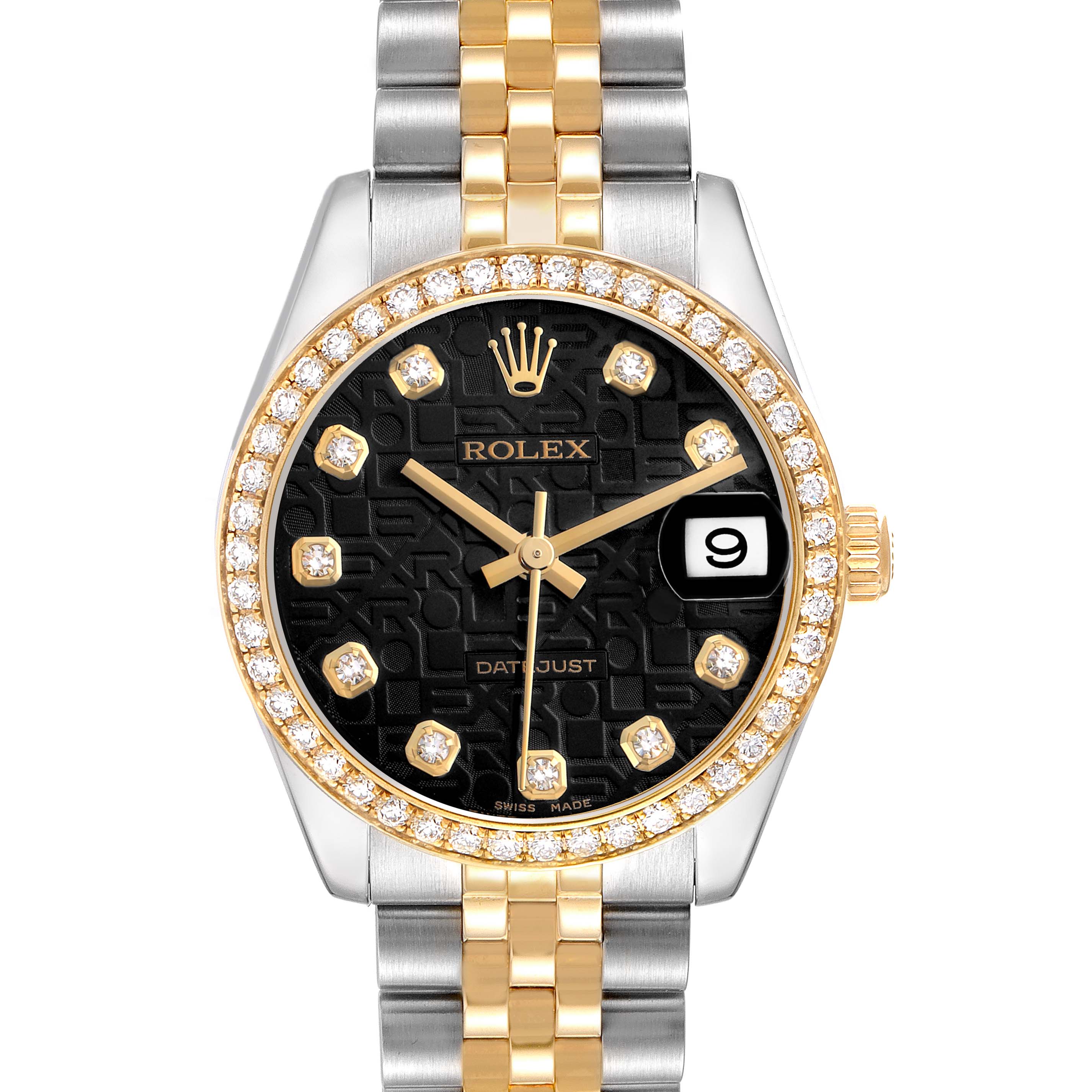 The Rolex Mid-Size 178383 Women
s Steel and Gold (two tone) Black Dial watch is shown from the front, highlighting the bezel, dial, and bracelet.