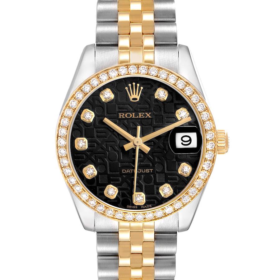 The Rolex Mid-Size 178383 Women's Steel and Gold (two tone) Black Dial watch is shown from the front, highlighting the bezel, dial, and bracelet.