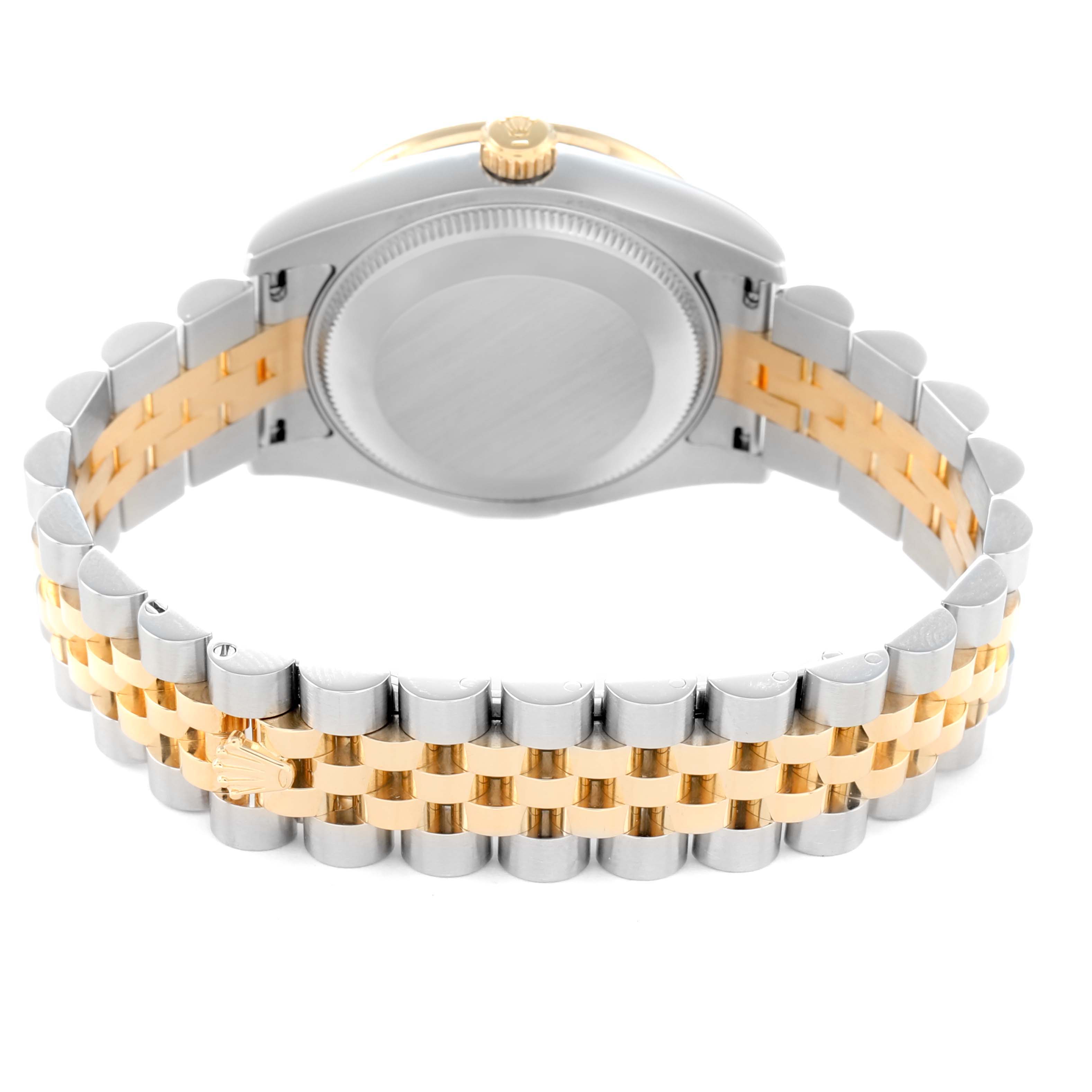 The image shows the back of a Rolex Mid-Size 178383 Women
s Steel and Gold (two tone) Black Dial watch, displaying the case back and the two-tone bracelet.