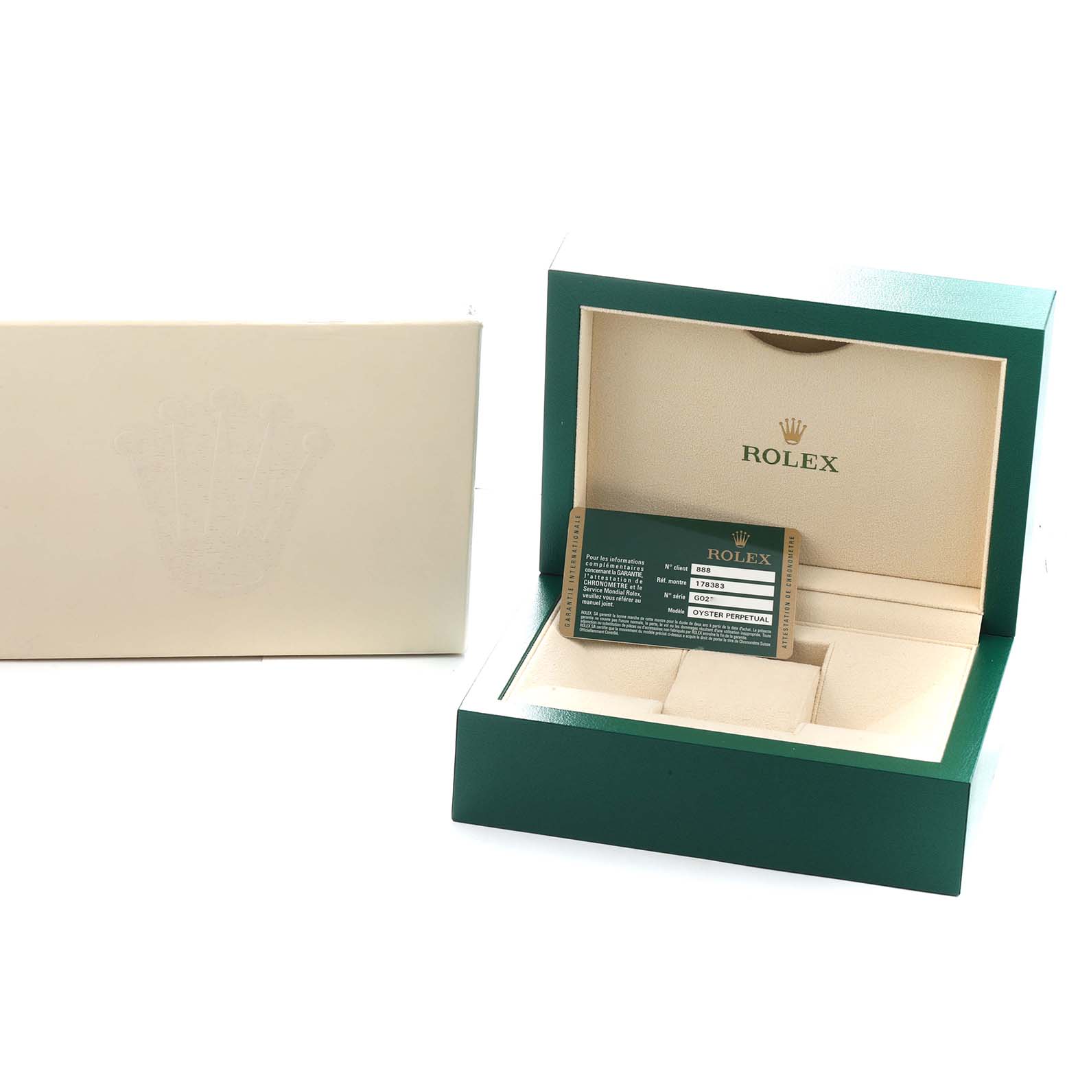 The image shows an open Rolex Mid-Size 178383 Women
s Steel and Gold (two tone) Black Dial watch box with a warranty card inside.