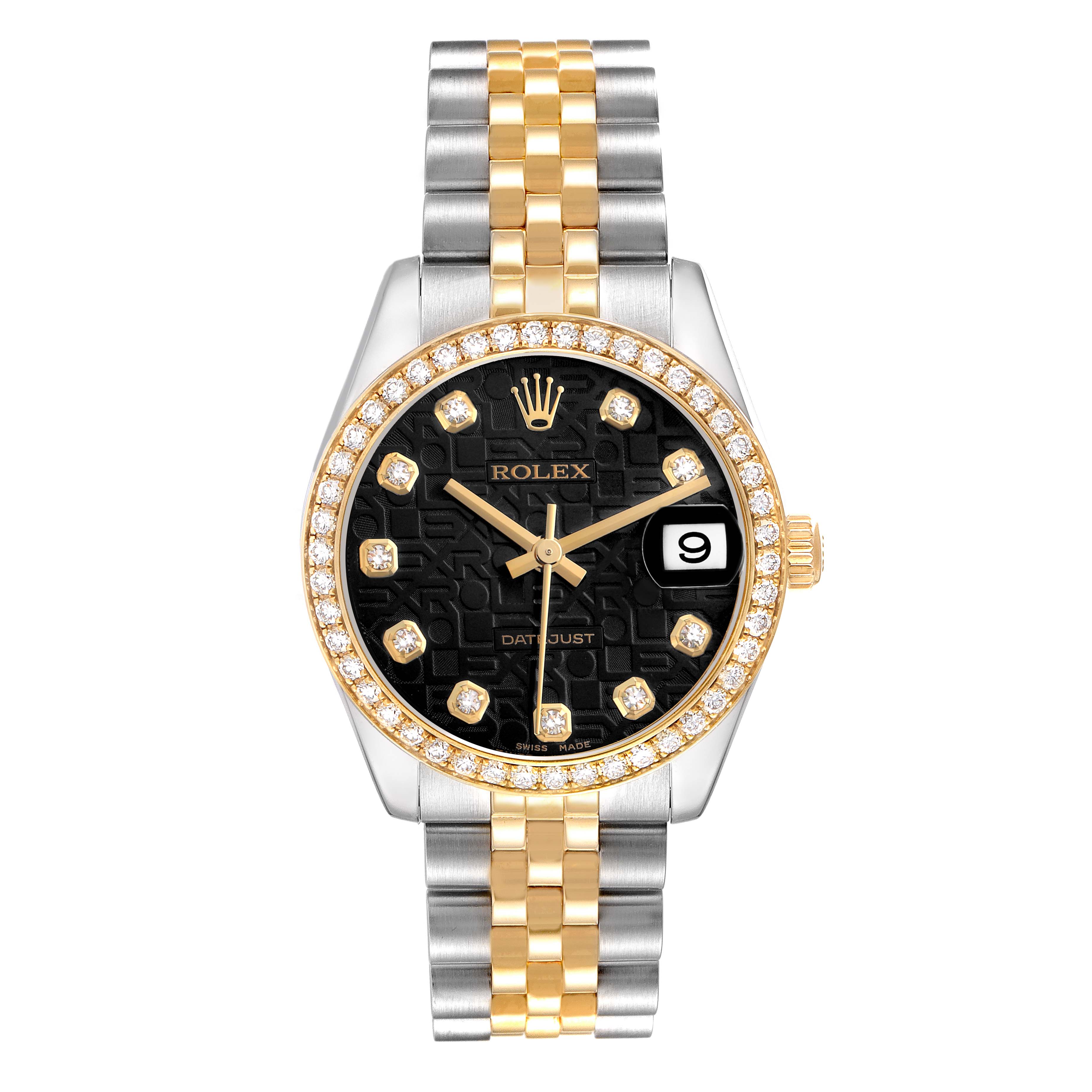 The Rolex Mid-Size 178383 Women
s Steel and Gold (two tone) Black Dial model is shown from a front angle, highlighting its face, bezel, bracelet, and date feature.