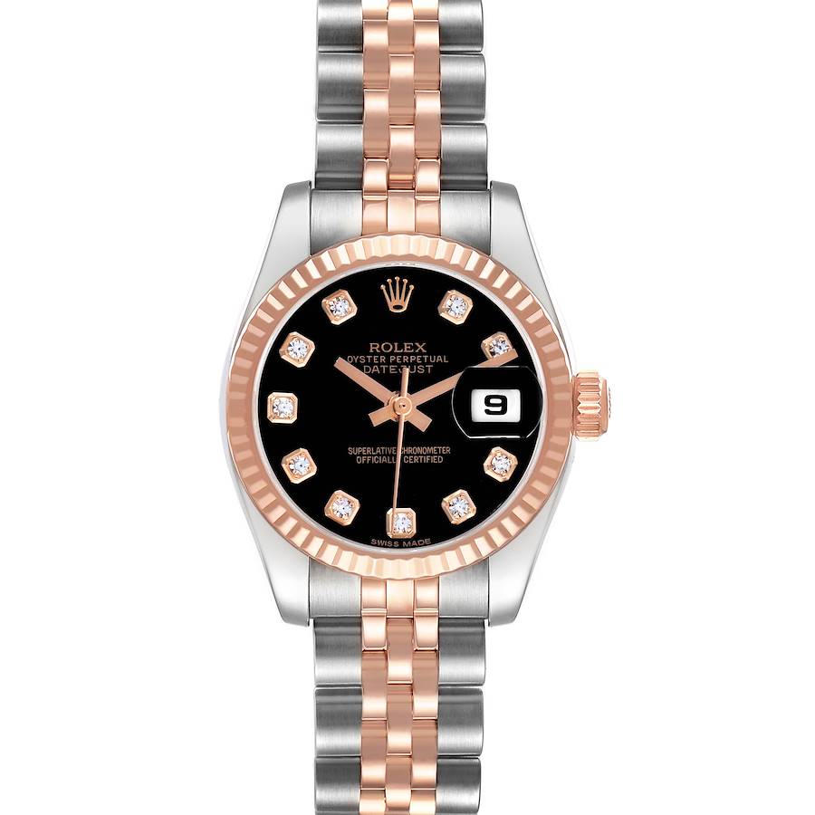 The Rolex Mid-Size 178383 Women's Steel and Gold (two tone) Black Dial watch is shown from a front angle, displaying its face, bezel, and bracelet.
