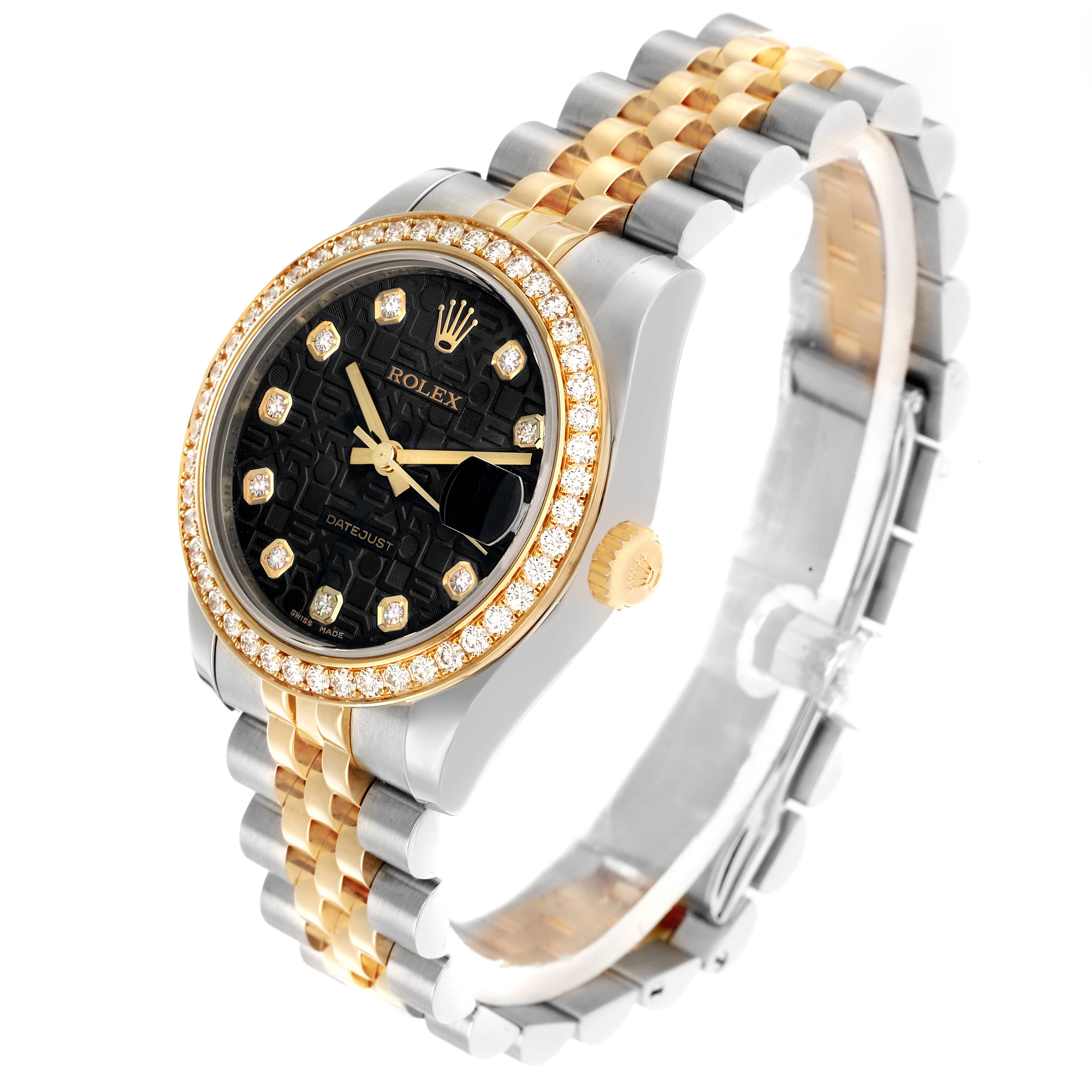 The Rolex Mid-Size 178383 Women
s Steel and Gold (two tone) Black Dial model is shown at an angled view, displaying the watch face, bracelet, and diamond bezel.