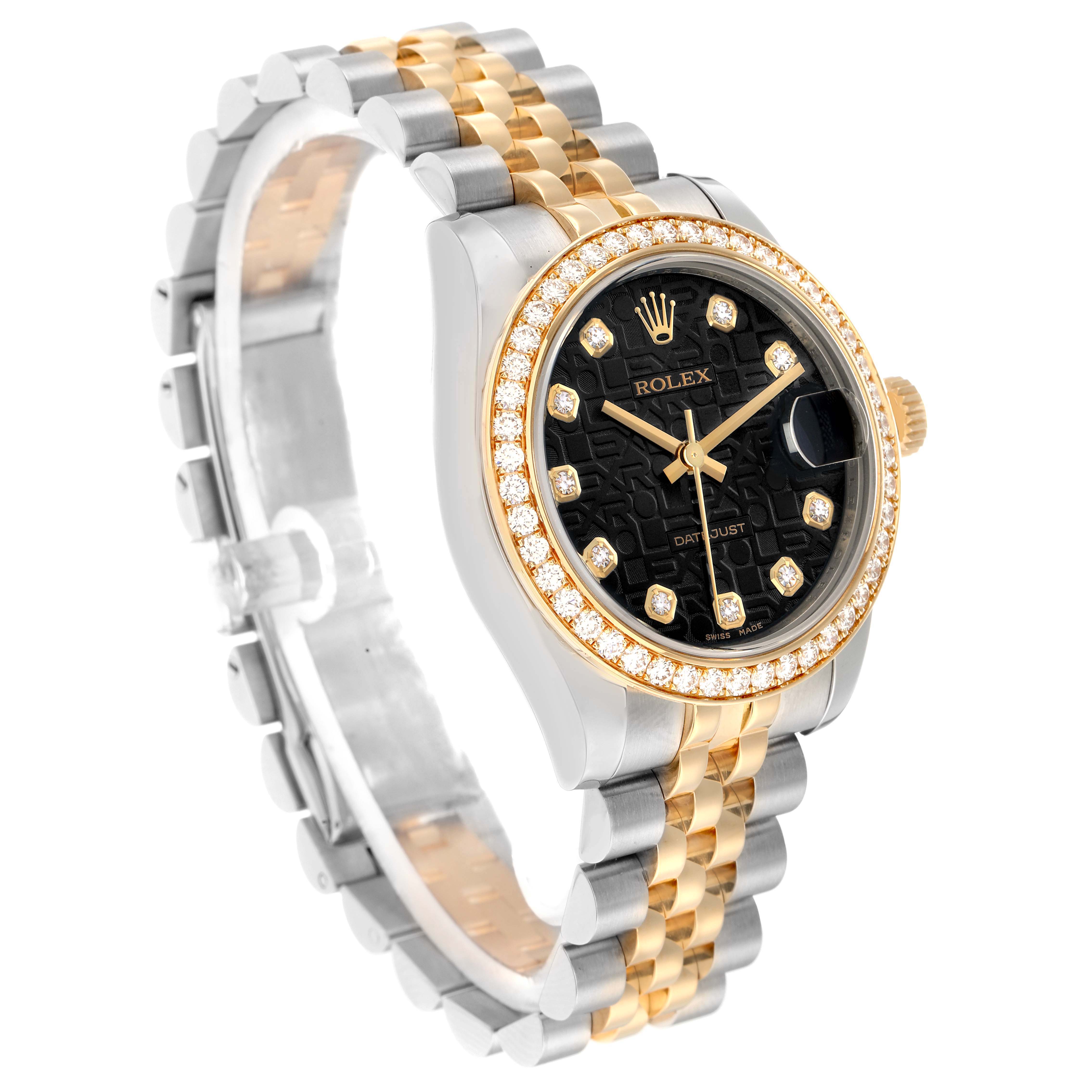 The image shows a side angle of the Rolex Mid-Size 178383 Women
s Steel and Gold (two tone) Black Dial watch, displaying the bracelet, case, bezel, and dial clearly.