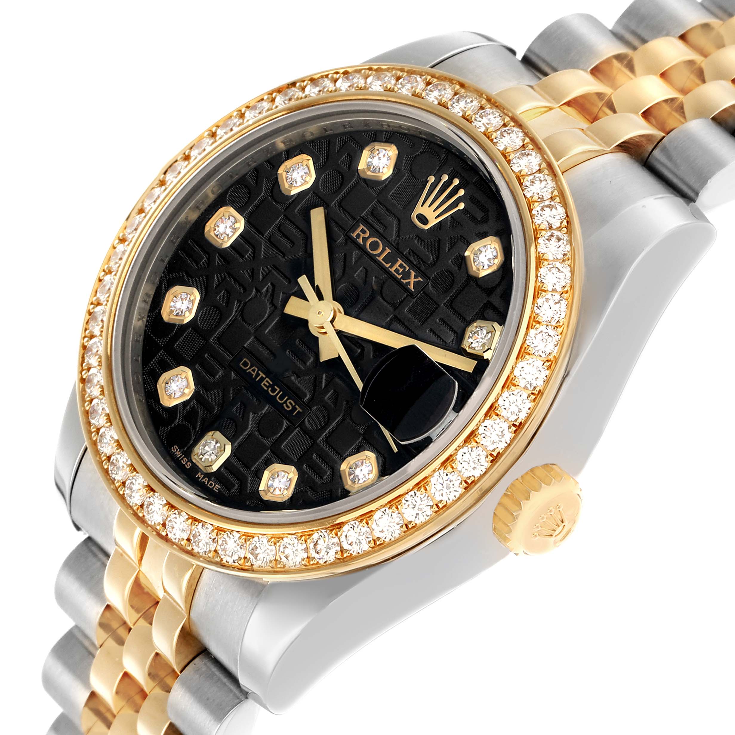 The Rolex Mid-Size 178383 Women
s Steel and Gold (two tone) Black Dial watch is shown at a slight angle highlighting the face, diamond bezel, and two-tone bracelet.