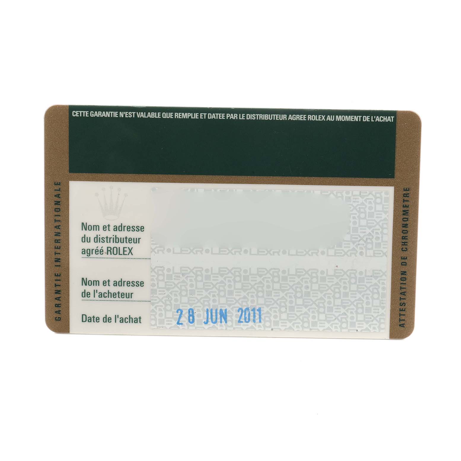 This image shows the warranty card for a Rolex Mid-Size 178383 Women
s Steel and Gold (two tone) Black Dial watch, detailing purchase date and distributor information.