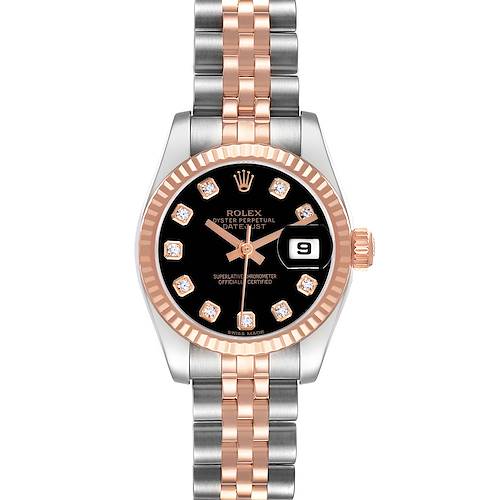 The Rolex Mid-Size 178383 Women's Steel and Gold (two tone) Black Dial watch is shown from the front, displaying the face, bezel, and bracelet.