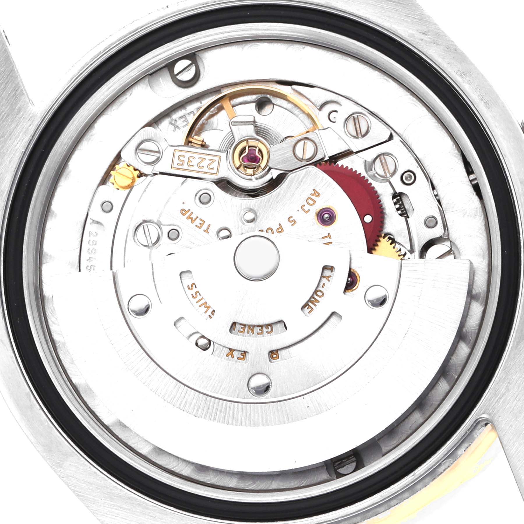 The image shows the back view of a Rolex Mid-Size 178383 Women
s Steel and Gold (two tone) Black Dial watch, highlighting the inner movement and mechanisms.