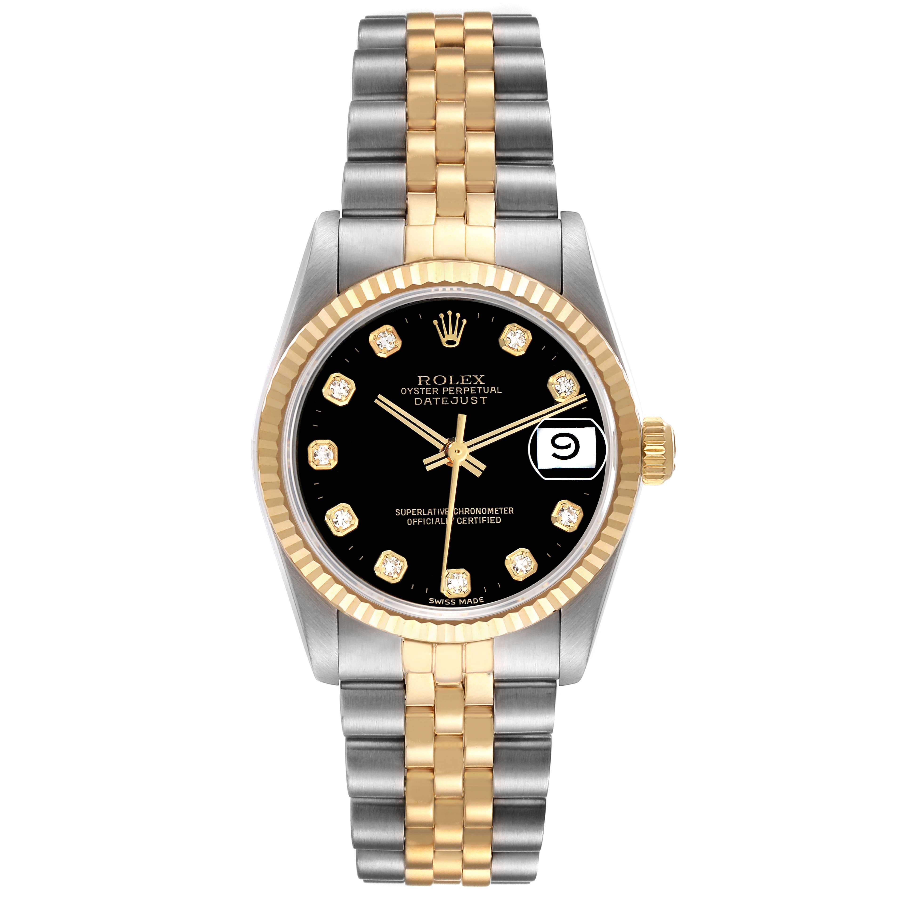 The Rolex Datejust Mid-Size watch is shown from the front, highlighting the dial, bezel, and two-tone bracelet.