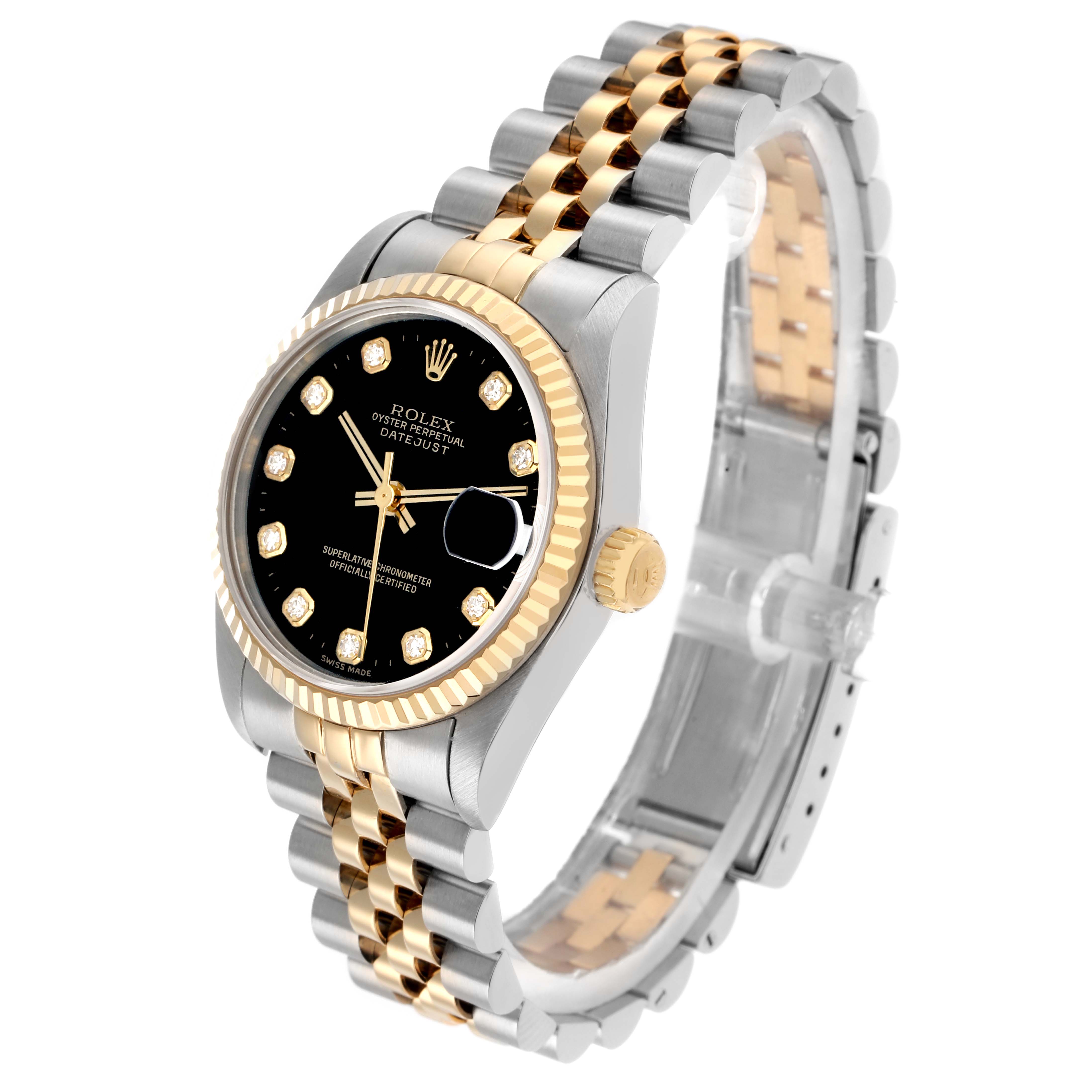 The Rolex Mid-Size 68273 Women
s Steel and Gold (two tone) Black Dial watch is angled to show the face, bezel, crown, and two-tone bracelet.