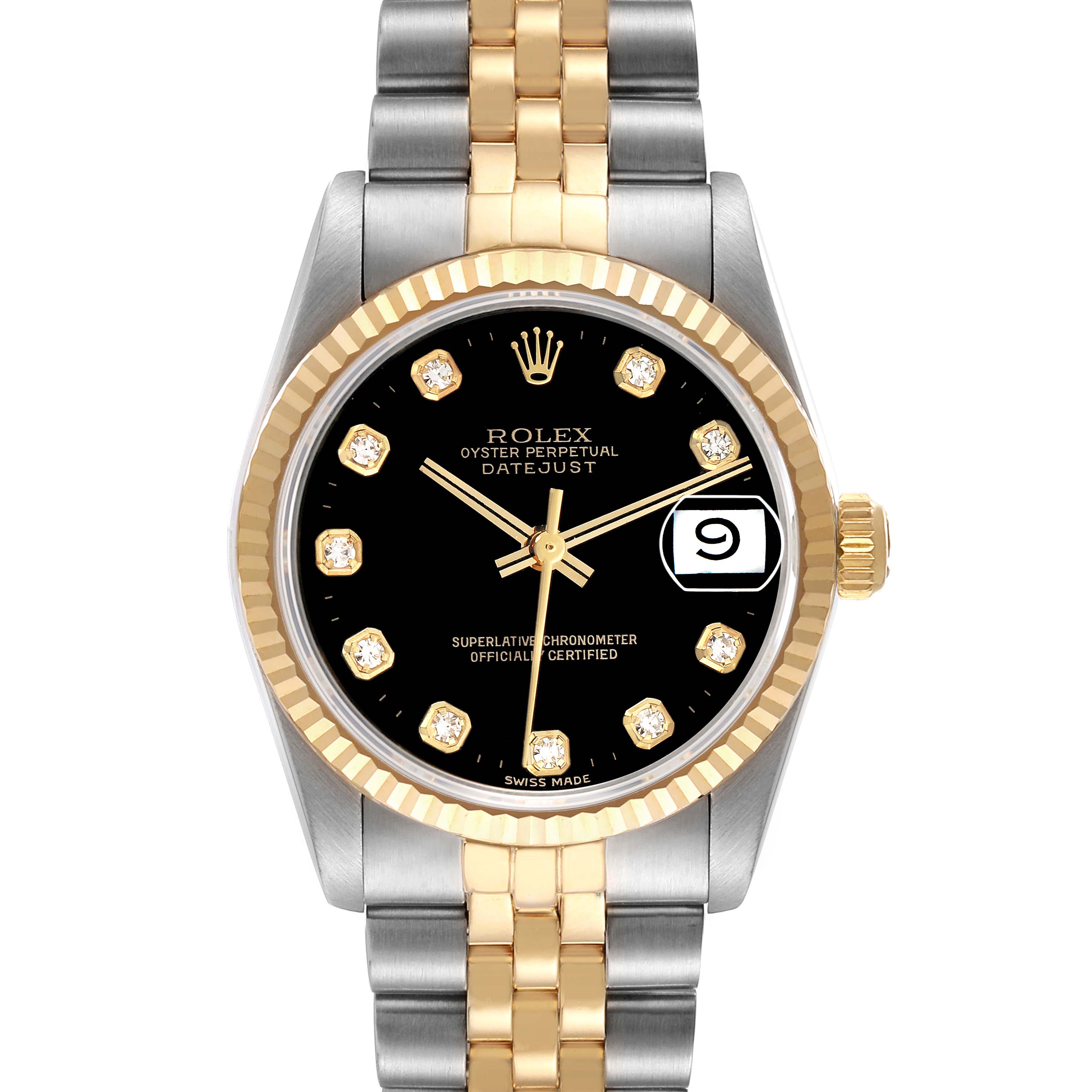 The Rolex Mid-Size 68273 Women
s Steel and Gold (two tone) Black Dial watch is shown from the front, displaying the dial, bezel, and part of the bracelet.