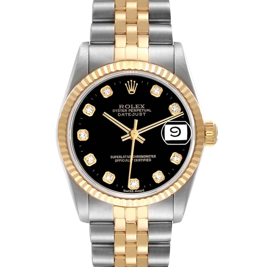 The Rolex Mid-Size 68273 Women's Steel and Gold (two tone) Black Dial watch is shown from the front, displaying the dial, bezel, and part of the bracelet.