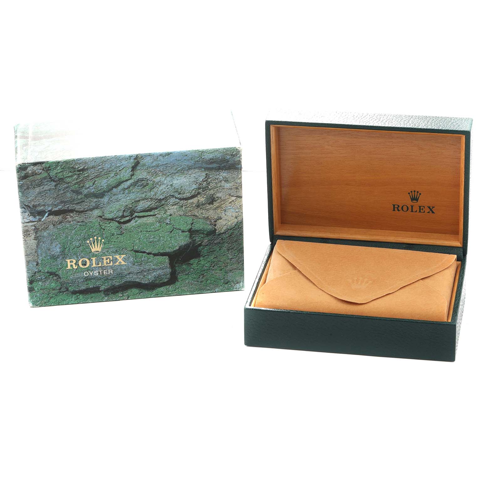 The image shows a Rolex Mid-Size 68273 Women
s Steel and Gold (two tone) Black Dial model watch box, including an outer box and an open wooden-lined interior with a pouch.