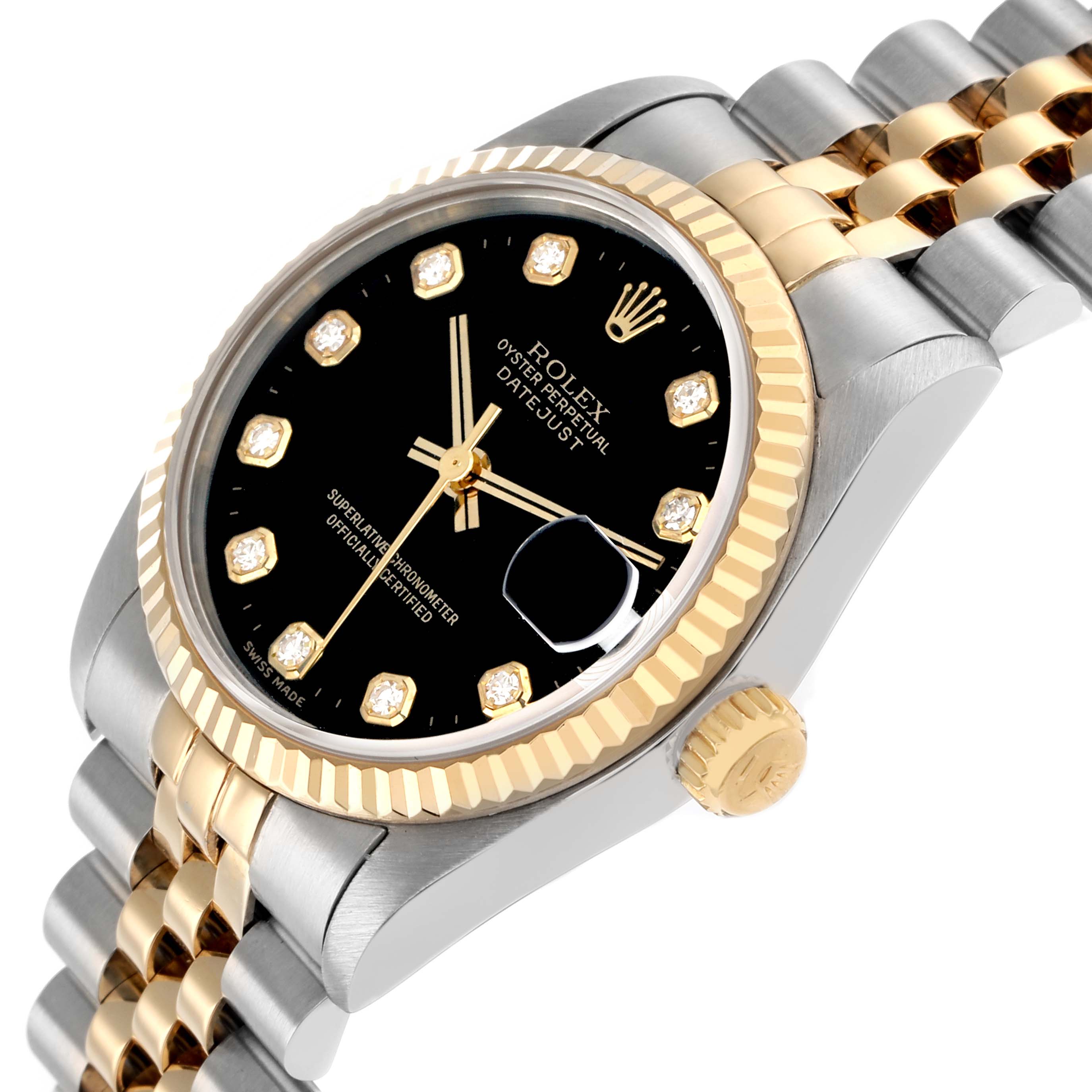 The Rolex Mid-Size 68273 Women
s Steel and Gold (two tone) Black Dial watch is shown at an angle highlighting the dial, crown, and part of the bracelet.