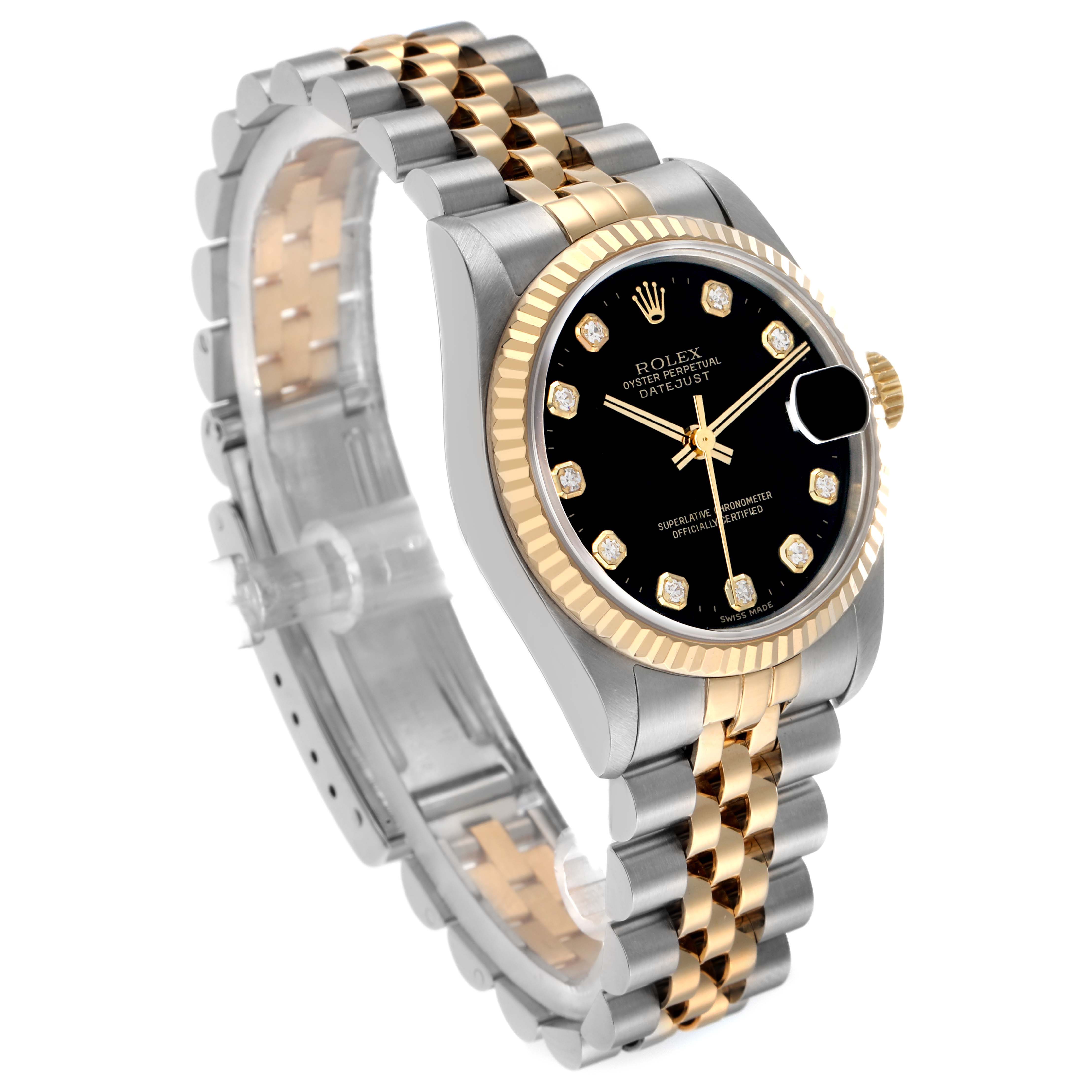 The Rolex Mid-Size 68273 Women
s Steel and Gold (two tone) Black Dial watch is angled to show the black dial, diamond markers, gold fluted bezel, and Jubilee bracelet.