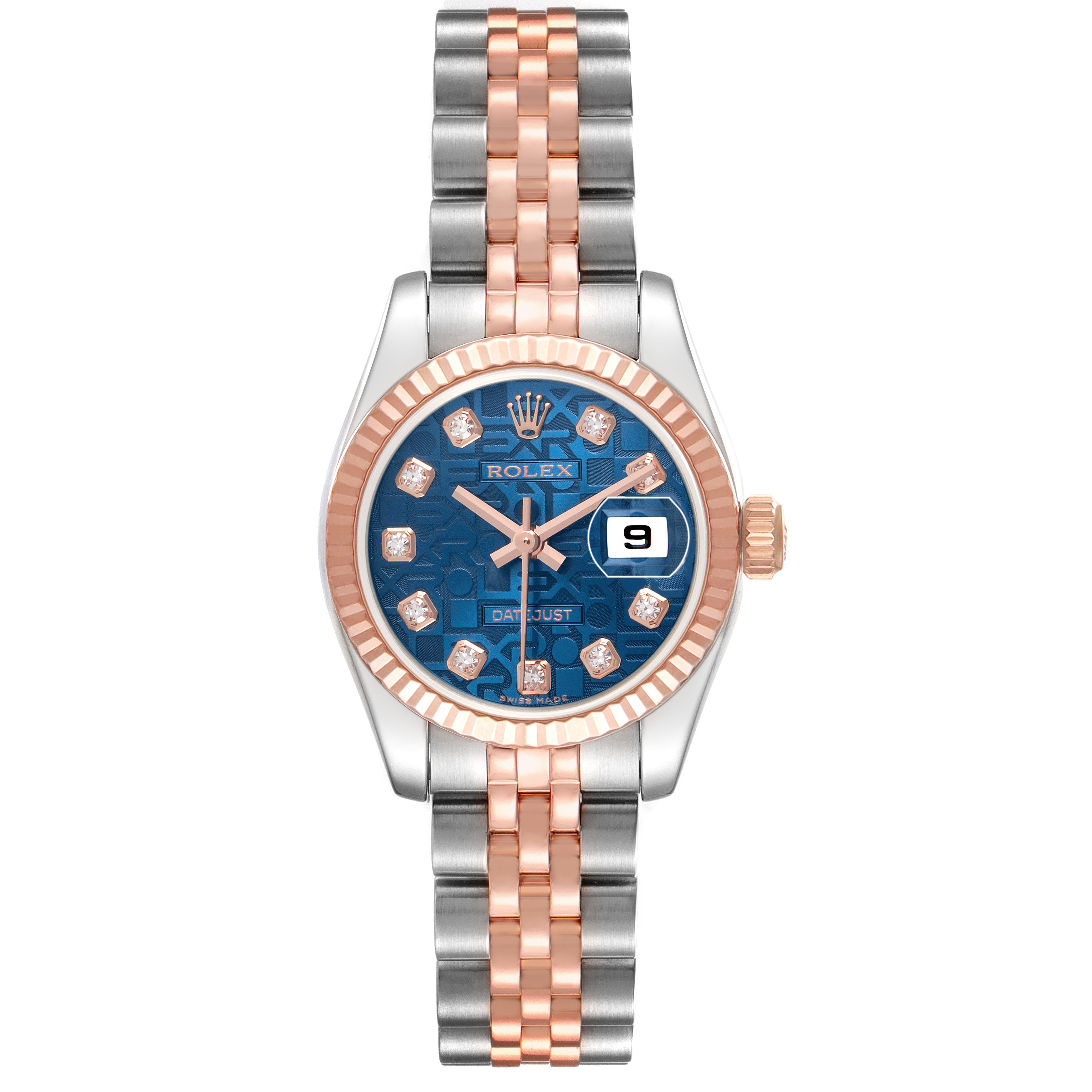 The Rolex Datejust 179171 Women's Steel and Gold (two tone) Blue Dial watch is shown from the front, displaying its blue dial, date function, and two-tone metal bracelet.